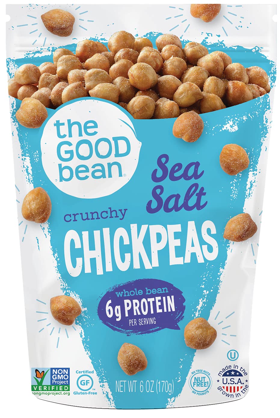 The Good Bean Crispy Crunchy Chickpeas Sea Salt 6oz - Gluten-Free High-Protein Snack with Fiber Boost