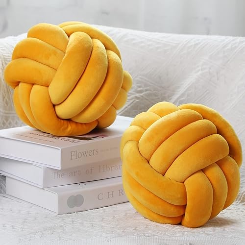 Namalu 2 Pcs Soft Knot Pillow Ball, Decorative Round Throw Knotted Pillows Cushion, Handmade Stuffed Ball Pillows for Bedroom Sofa Couch Home Decor(7.87 Inches,Ginger Yellow)
