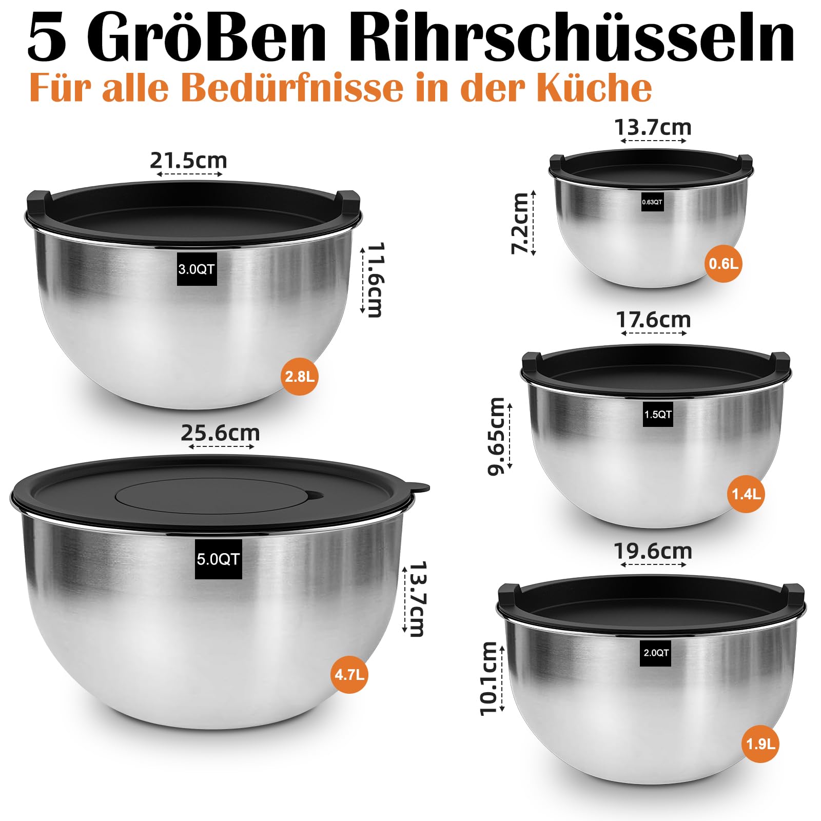 Terlulu Lot de 5 saladiers en acier inoxydable avec couvercle, 4,7 l/2,8 l/1,9 l/1,4 l/0,6 l, pour cuisine/pâtisserie/rangement, empilables et passent au lave-vaisselle, avec râpe