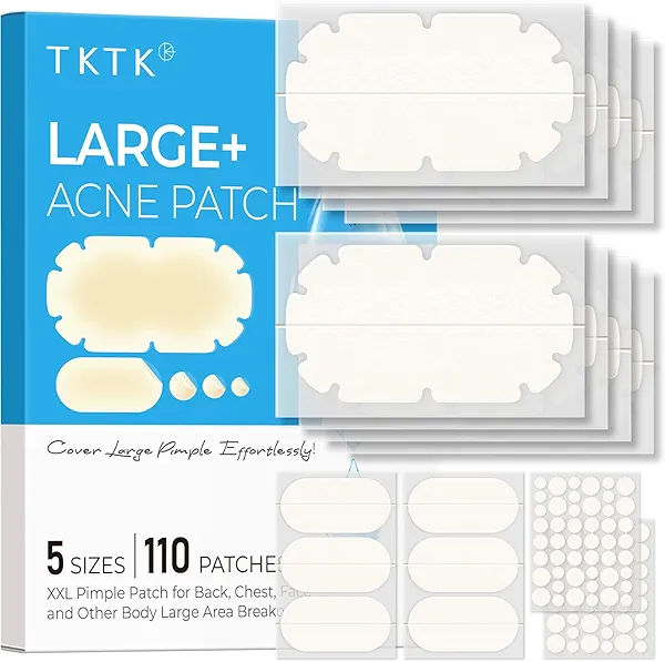 TKTK XXL Pimple Patches for Body, Large Hydrocolloid Acne Patches, 5 Sizes Big Hydrocolloid Bandages for Back, Chest, Shoulders Zit Breakouts, Blemish Patches for Face (Oval, Dot 110 Count)