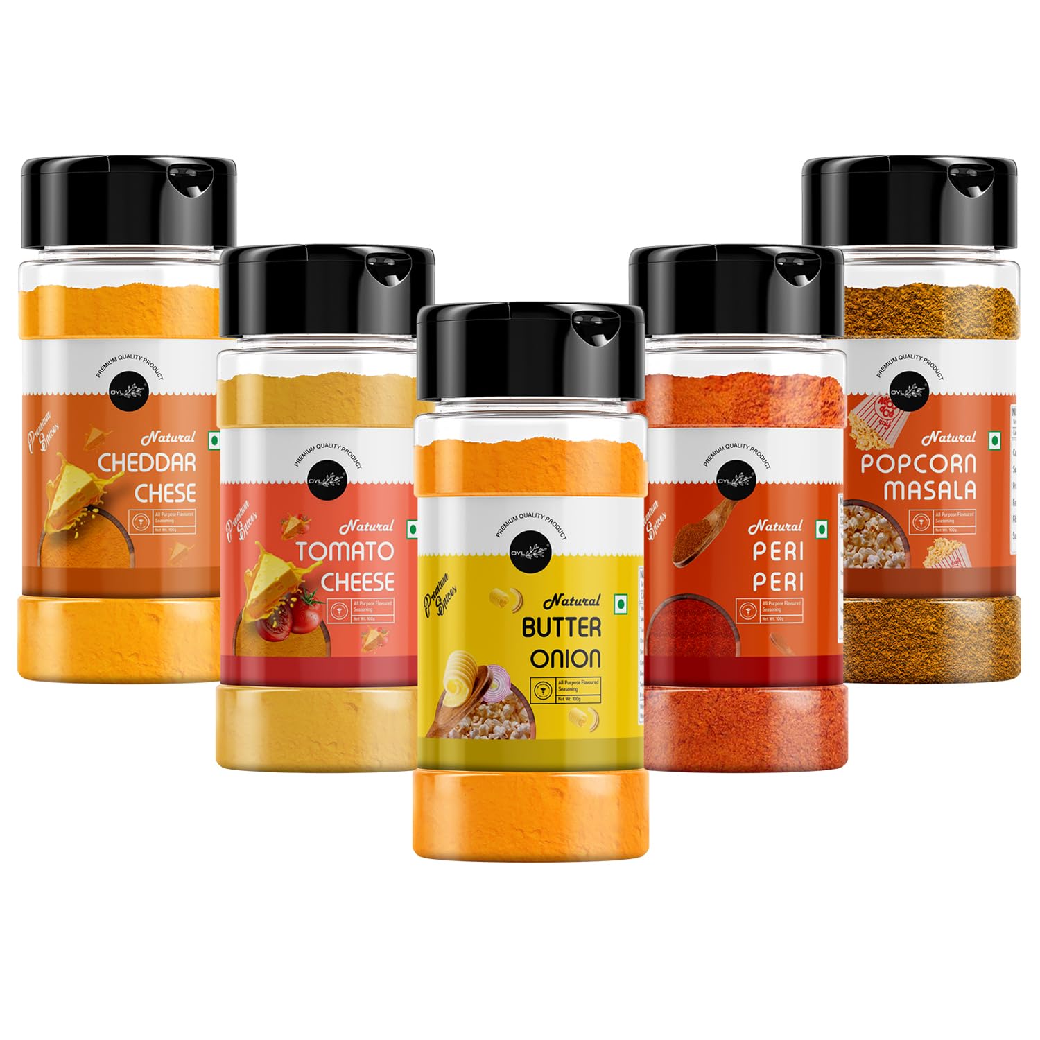 Popcorn Seasoning Powder Combo Cheddar Cheese, Peri-Peri, Tomato Cheese, Butter Onion & Popcorn Masala For Pizza,Pasta,Popcorn,French Fries,Nachos,Chips&Many More - 500g (100g Each Pack Of 5)