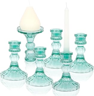 Glass Taper Candle Holder Set of 6, Green Glass Candle Holder, Green Vertical Stripe Candle Holders for Pillar Candles, Wedding, Home, Decor & Table Centerpieces