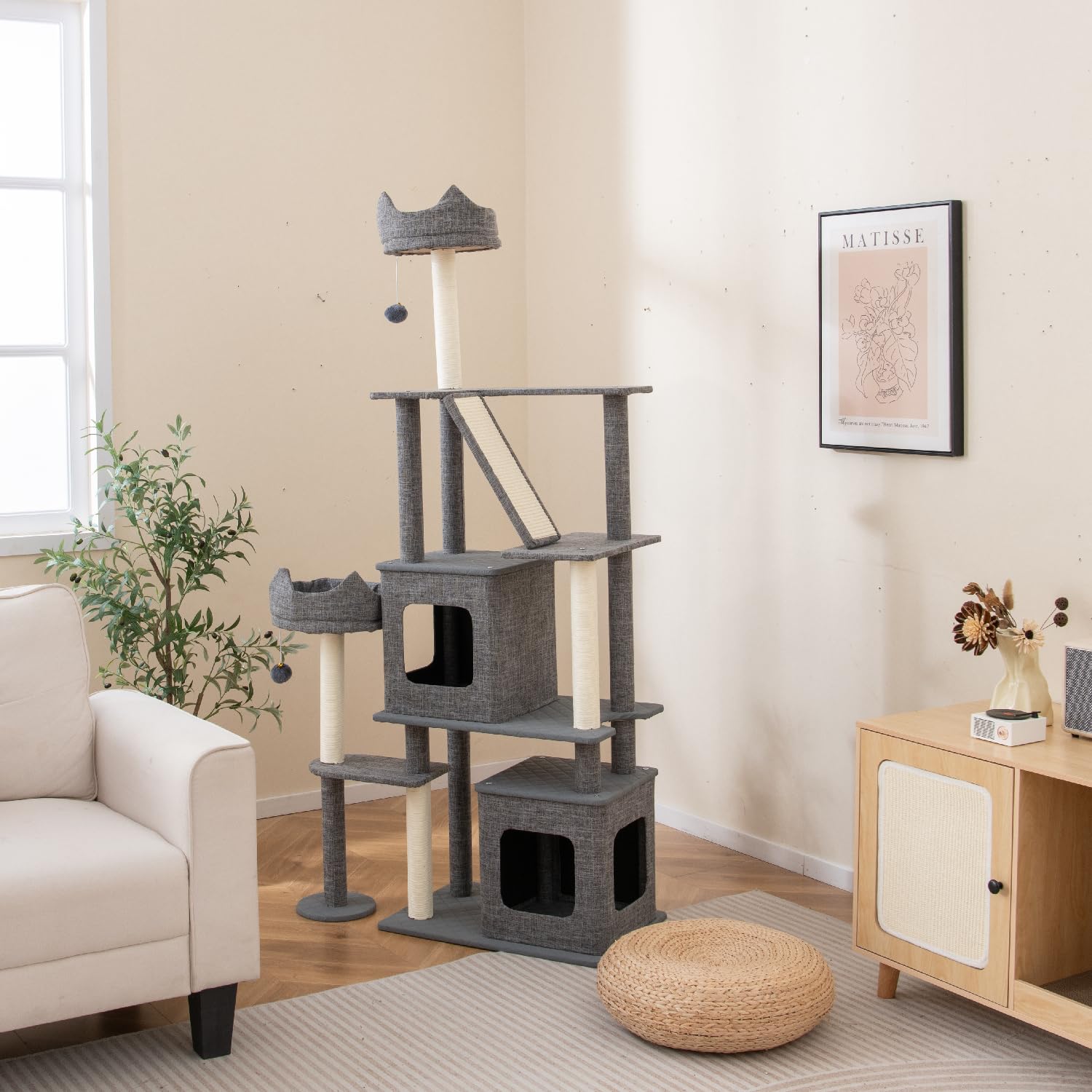 COSTWAY Tiragraffi per Gatto Alto 180 cm, Albero Tiragraffi Gatto con 8 Piattaforme, 4 Pali Sisal e 2 Palline Pompon, Torre Tiragraffi per Gatti con 2 Condomini Rimovibili, Grigio