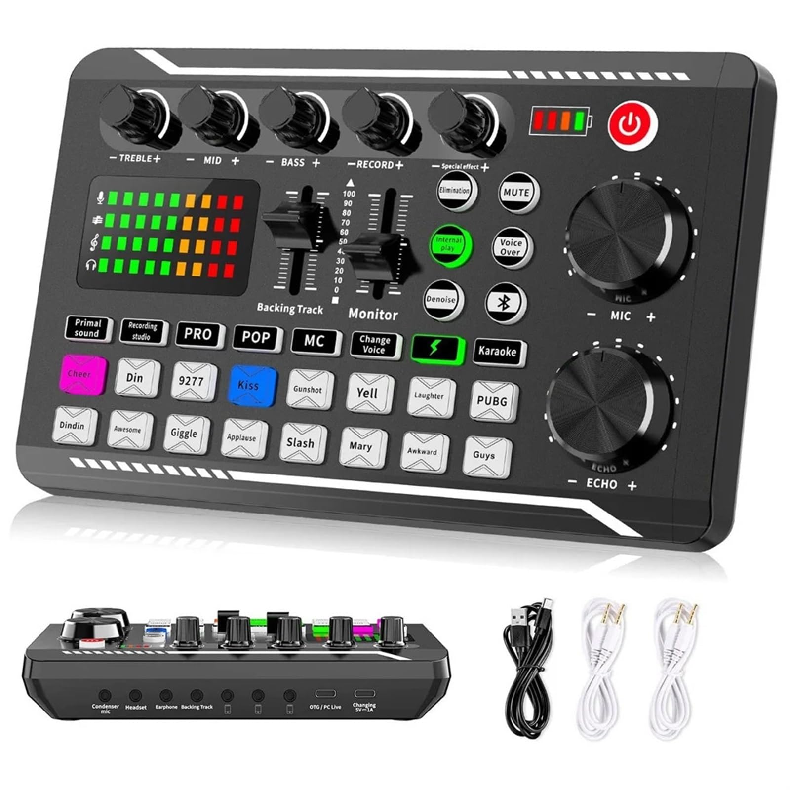F998 Tarjeta de sonido en vivo Mezclador audio Podcast, cambiador voz for tablero efectos for micrófono Principiantes y profesionales.