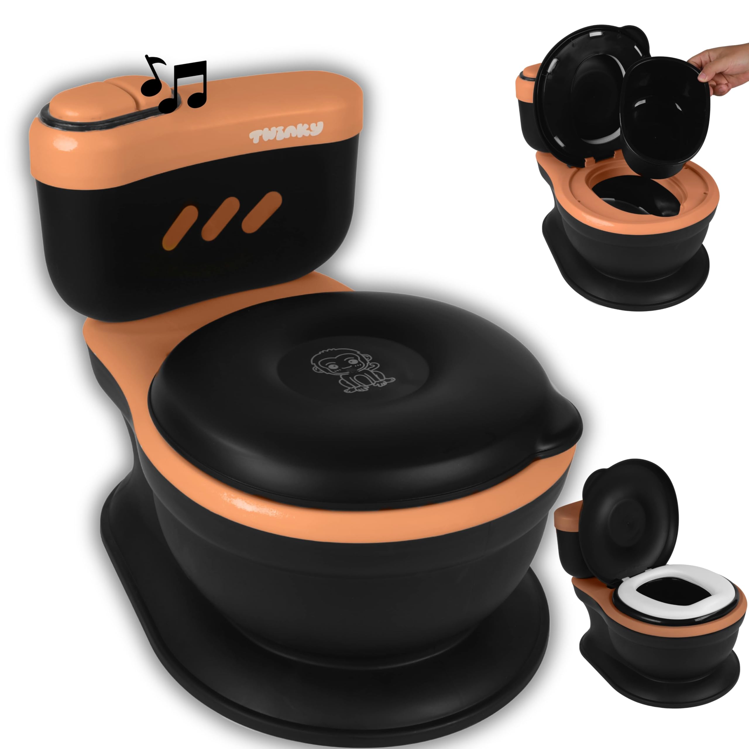 Twinky® Pot pour bébé et enfant - Potty Trainer 3 en 1 - Toilettes pour bébé - Avec son chasse d'eau - Design compact - Musique et porte-rouleau - Siège de toilette parfait pour les enfants - Noir