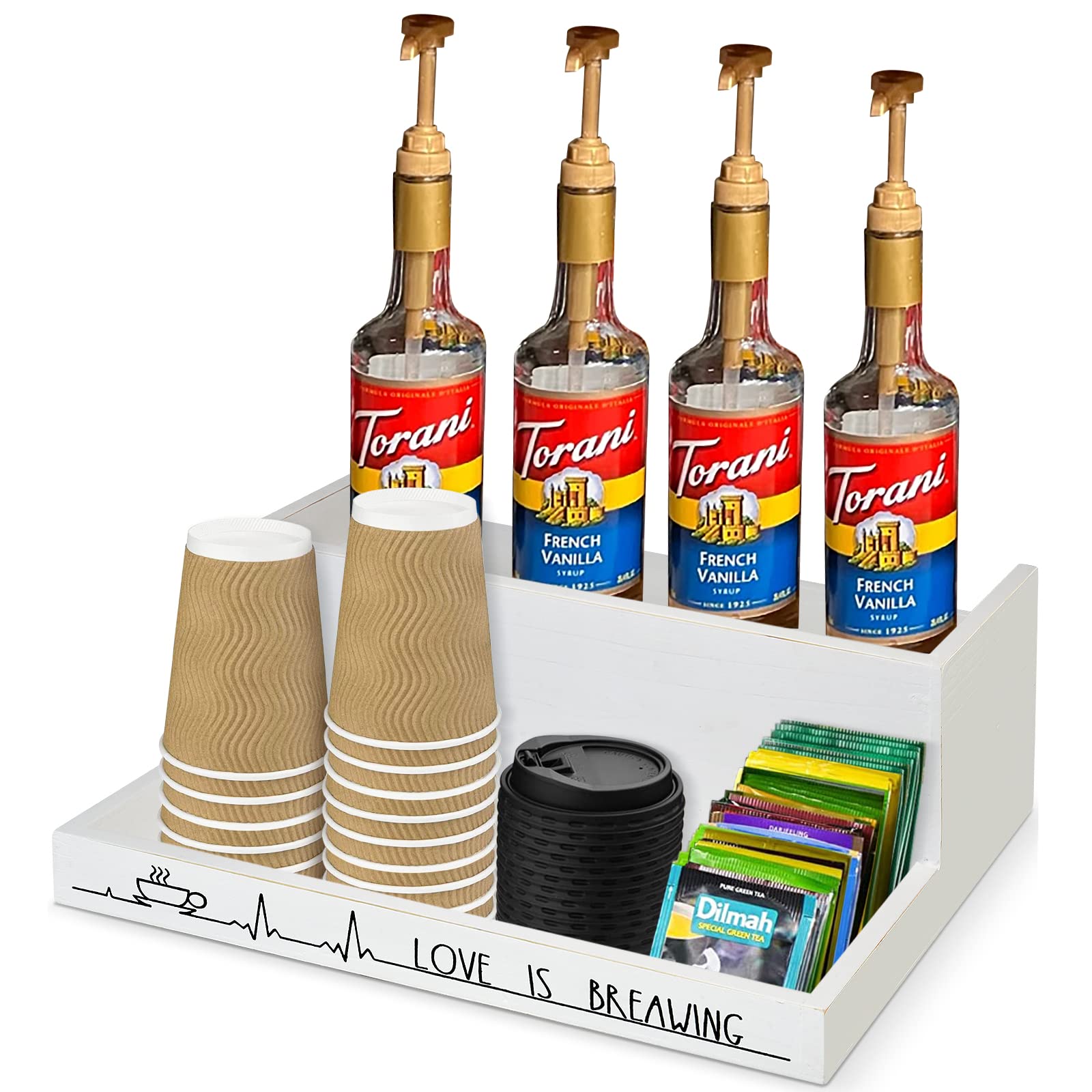 white wood coffee syrup shelf