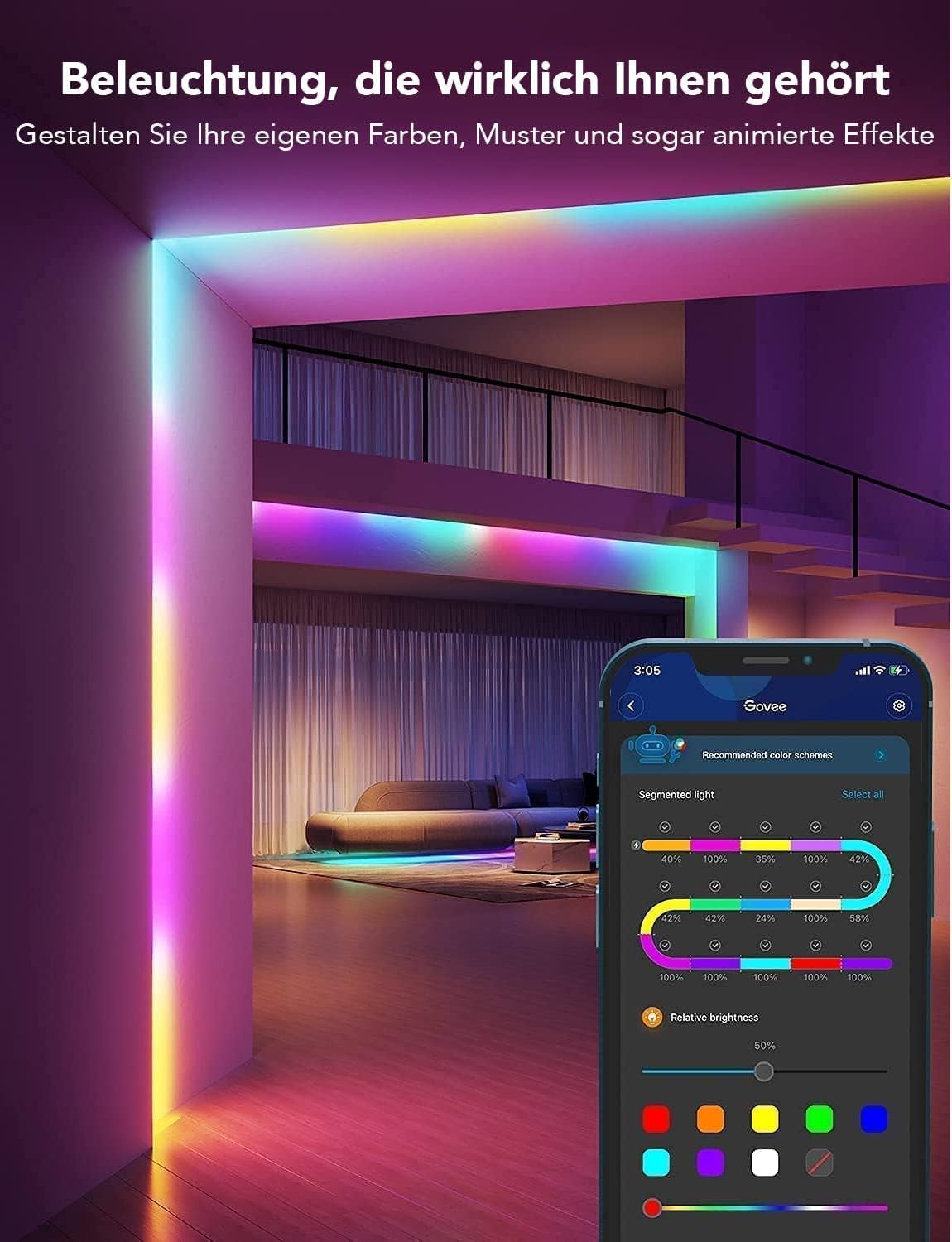 Govee RGBIC LED Strip 20m mit Segmentcontrol, Musik Sync, App-Steuerung, 2x10m