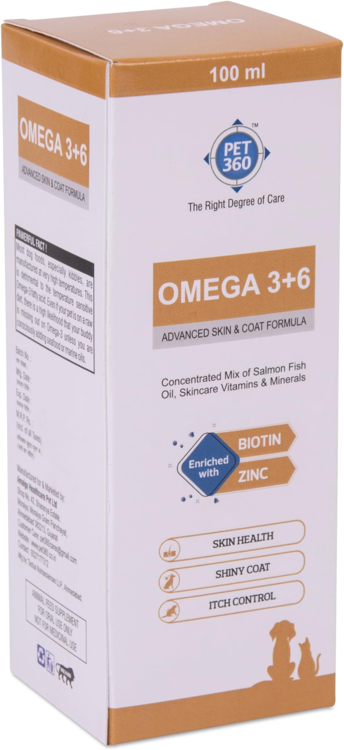 PET360 Omega 3+6 Concentrated Salmon Fish Oil for Dogs & Cats with Vitamins & Minerals - 100 ml | Shinier Coat, Itch & Allergy Control | Improves Skin & Hair Health | Nutritional Supplement for Pets