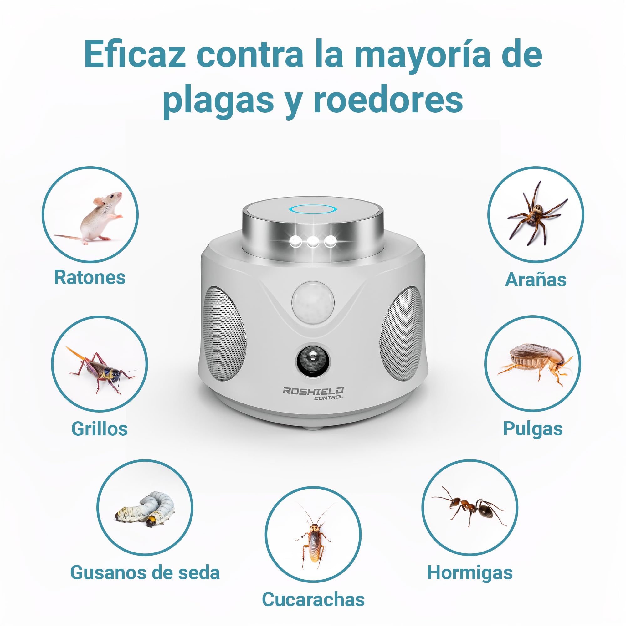 ROSHIELD Repelente de Plagas - Ahuyentador ultrasónico enchufable para el Control de plagas - Apto para Ratones, Ratas, cucarachas, Hormigas, arañas, grillos, pulgas y Gusanos de Seda