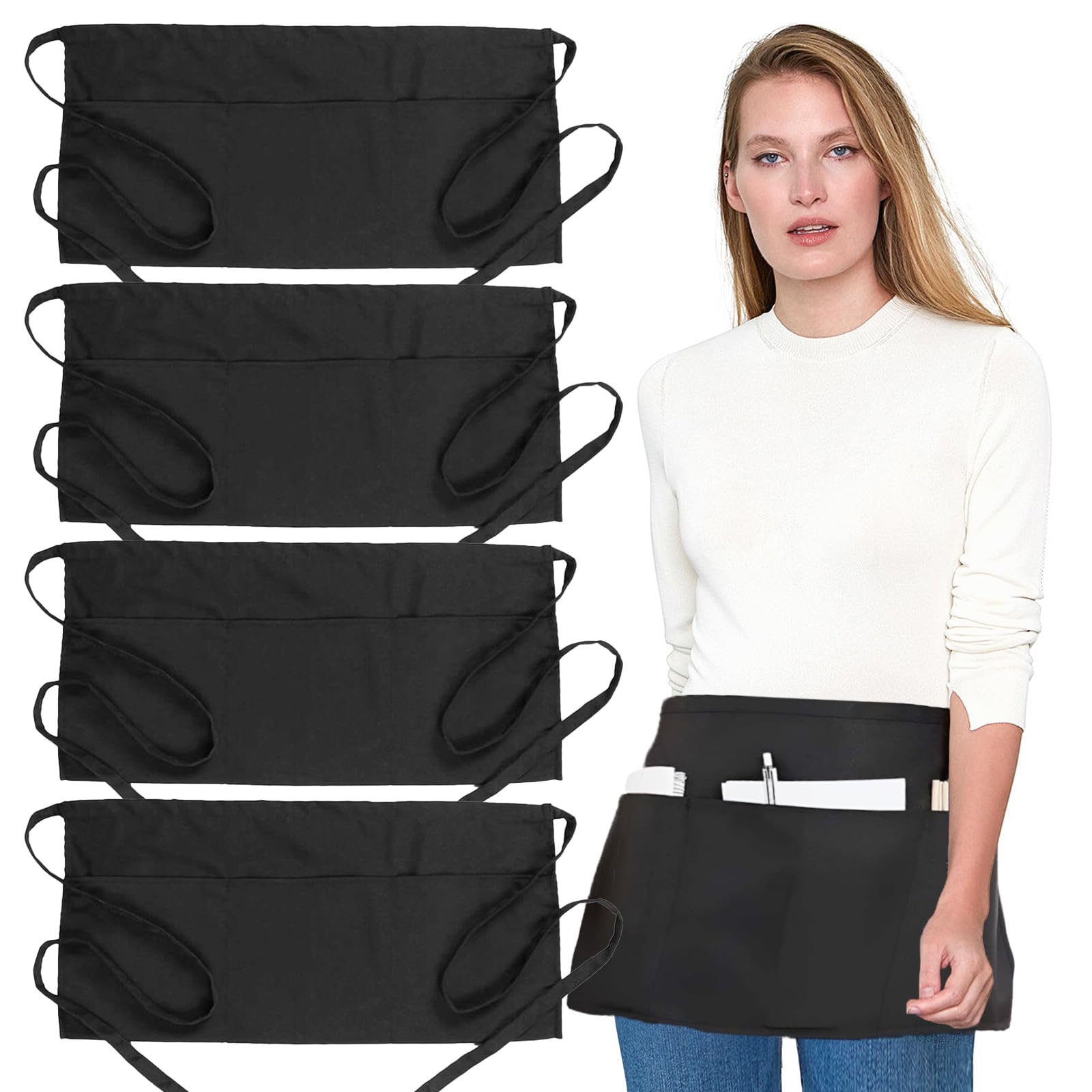 GMHLLES 4 Pcs Waitress Apron, Waist Aprons with Pockets Anti-Dirt for Waitress Chef Women Men for Kitchen Cooking Cleaning Painting Gardening Bistro Restaurant Catering(Black)