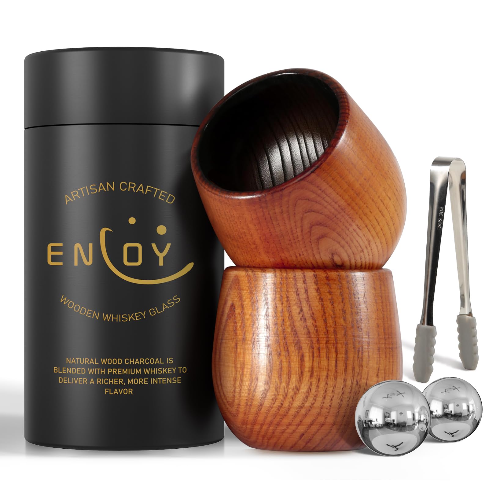 Charred Wooden Bourbon Drinking Glass Set with Whiskey Ice Stones & Tongs, 2 Pack 10oz Oak Wooden Bourbon Glass, Artisan Oak Whiskey Cups for Bourbon Lovers, Unique Whiskey Gift for Dad, Men, Husband
