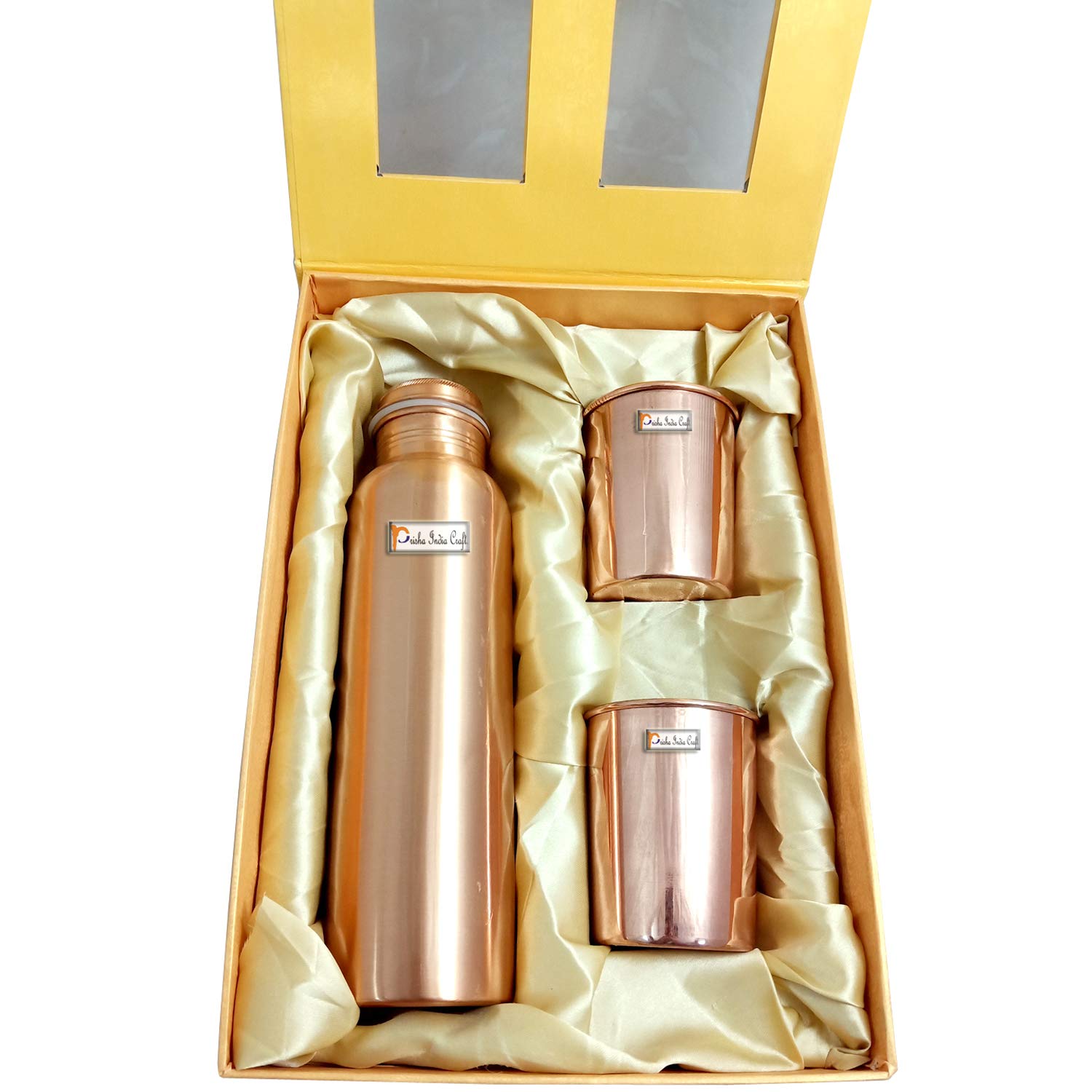 Prisha India Craft Pure Copper Bottle and 2 Copper Glass with Beautiful Gift Box, Set of 3 Pieces