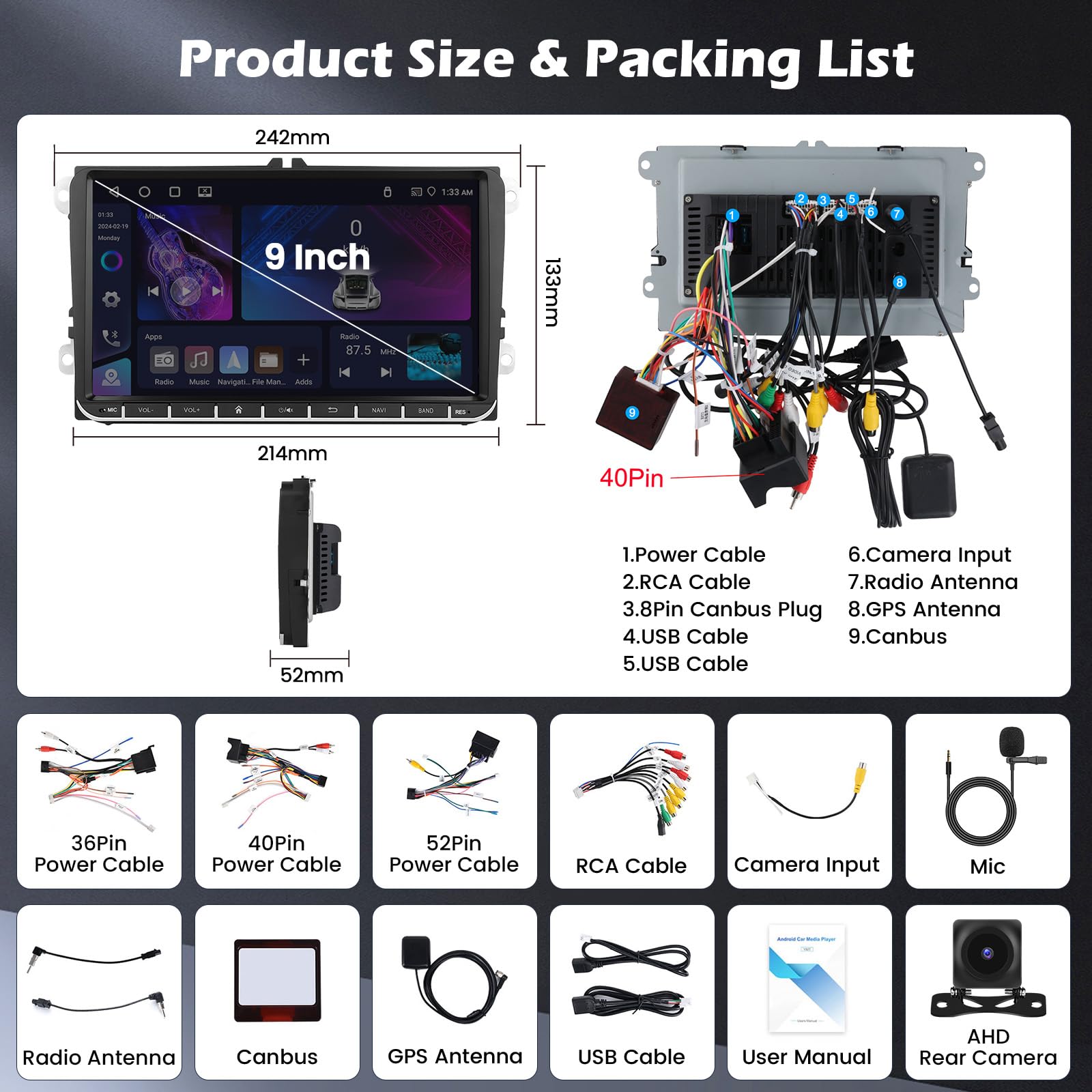 4+64G Android 15 Radio Coche para VW Golf 6 Seat Leon Passat Tiguan Polo Golf 5 Jetta Sharan T5 con Carplay Inalámbrico Android Auto Inalámbrico - 9" Pantalla Táctil WiFi FM/RDS GPS BT Cám