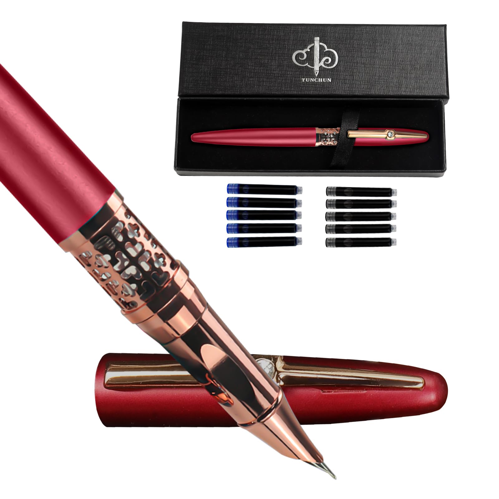 YUN CHUN Refillable Fountain Pen Fine Nib, Fancy Ink Pen with 5 Black & 5 Blue Ink Refills Cartridges