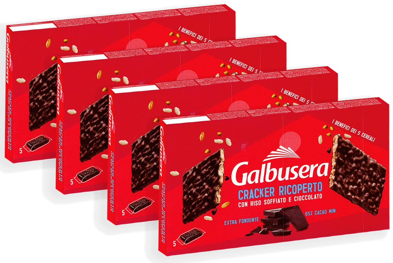 4X Galbusera Cracker ai 5 Cereali Ricoperto con Riso Soffiato e Cioccolato Fondente Extra 150g