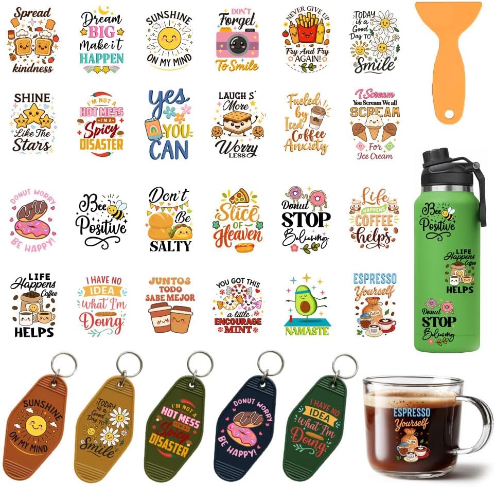24 Styles Comic Food UV DTF Cup Wraps, 10 Sheets Cute Positive UV DTF Keychain Decals Inspirational Waterproof Rub on Transfer Stickers for Hotel Keychain Furniture Decorations