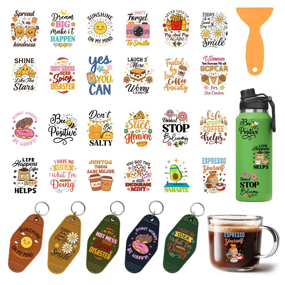 24 Styles Comic Food UV DTF Cup Wraps, 10 Sheets Cute Positive UV DTF Keychain Decals Inspirational Waterproof Rub on Transfer Stickers for Hotel Keychain Furniture Decorations