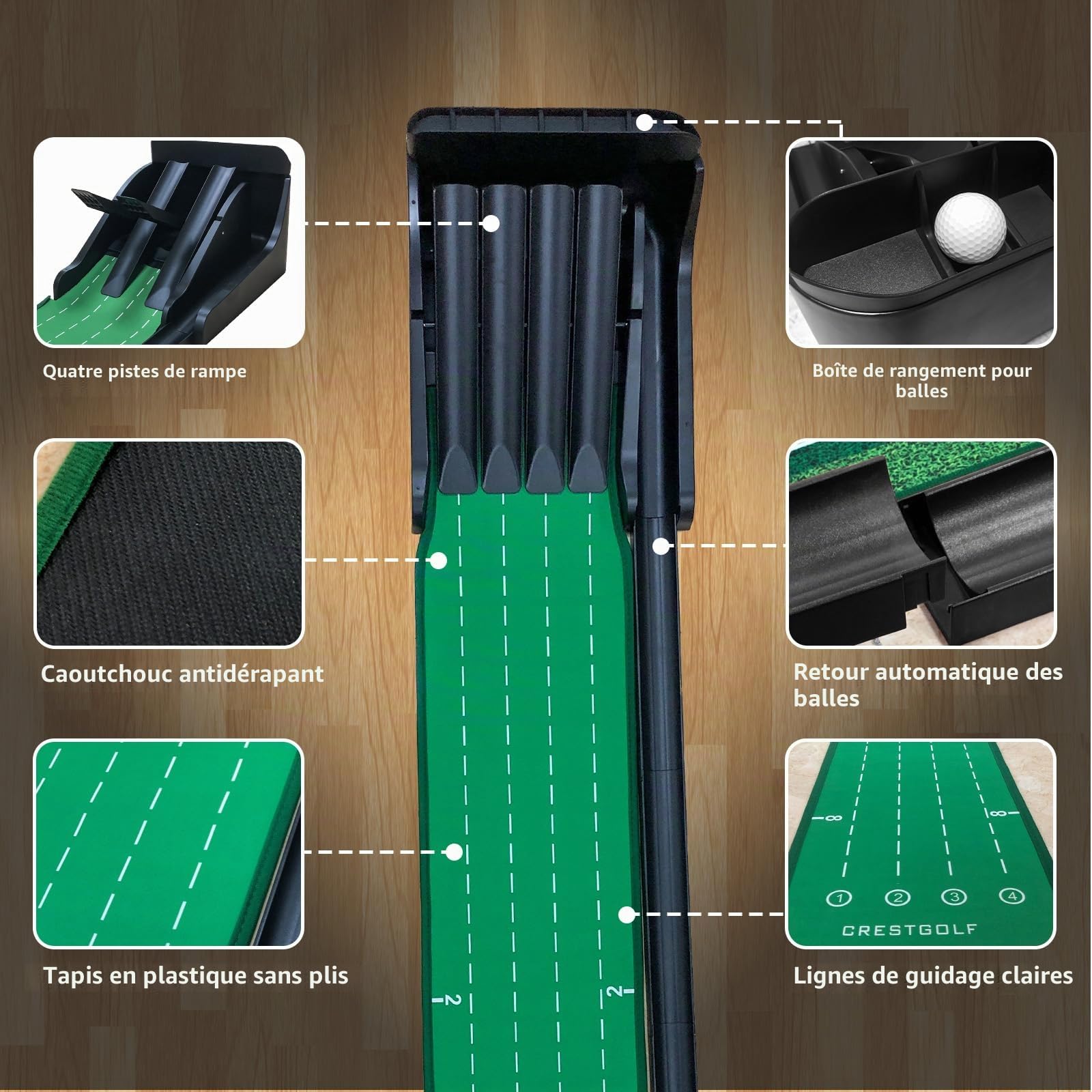 CRESTGOLF Tapis de Putting avec Retour Automatique de Balle, Putting Mat pour l'entraînement de Golf intérieur/extérieur Cadeau de Golf pour Les Hommes