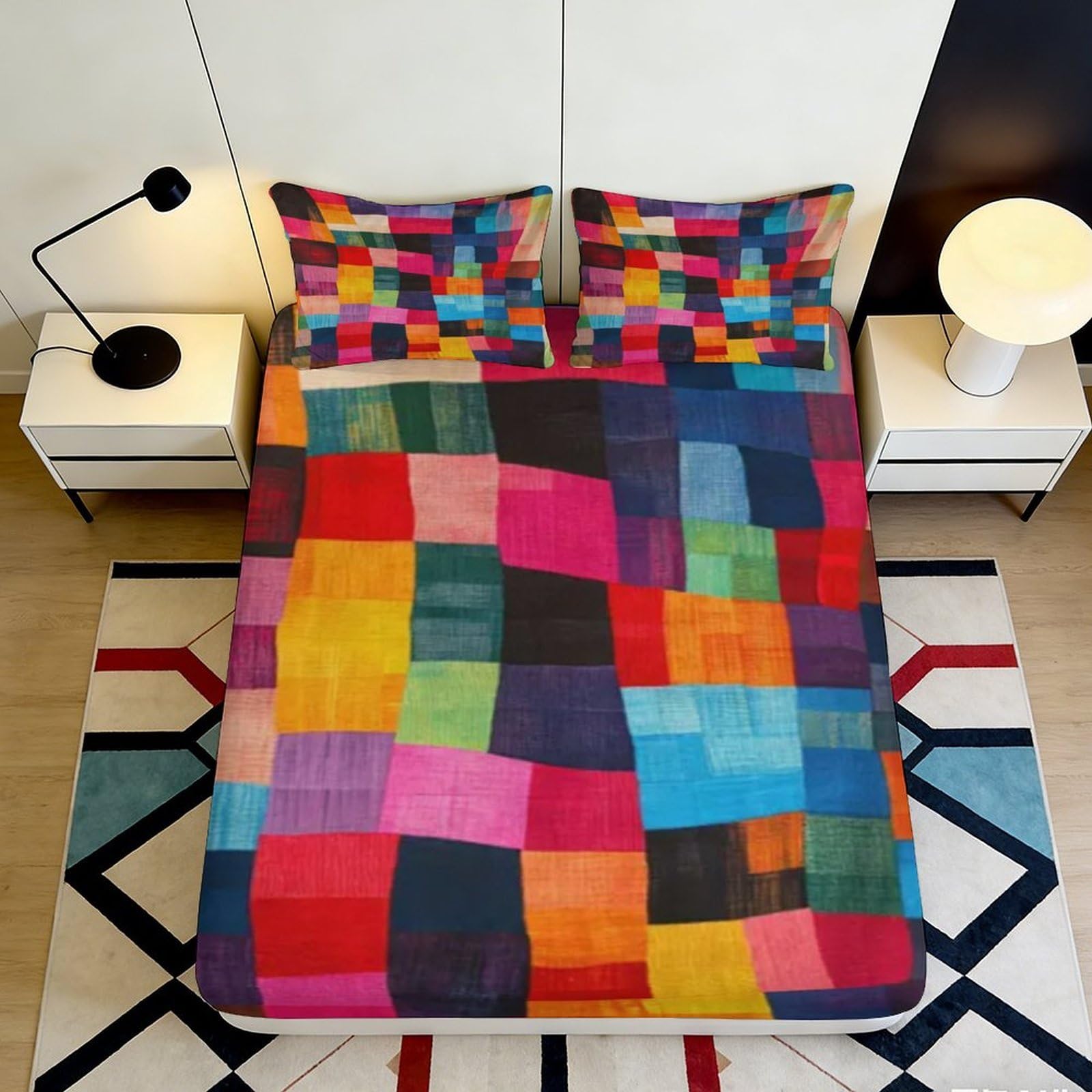 3D Printed Colorful Patchwork Fitted Sheet Microfiber Durable Vibrant Mosaic Bed Cover for Bedroom Guest Room Mattress Decor 90x200x25cm