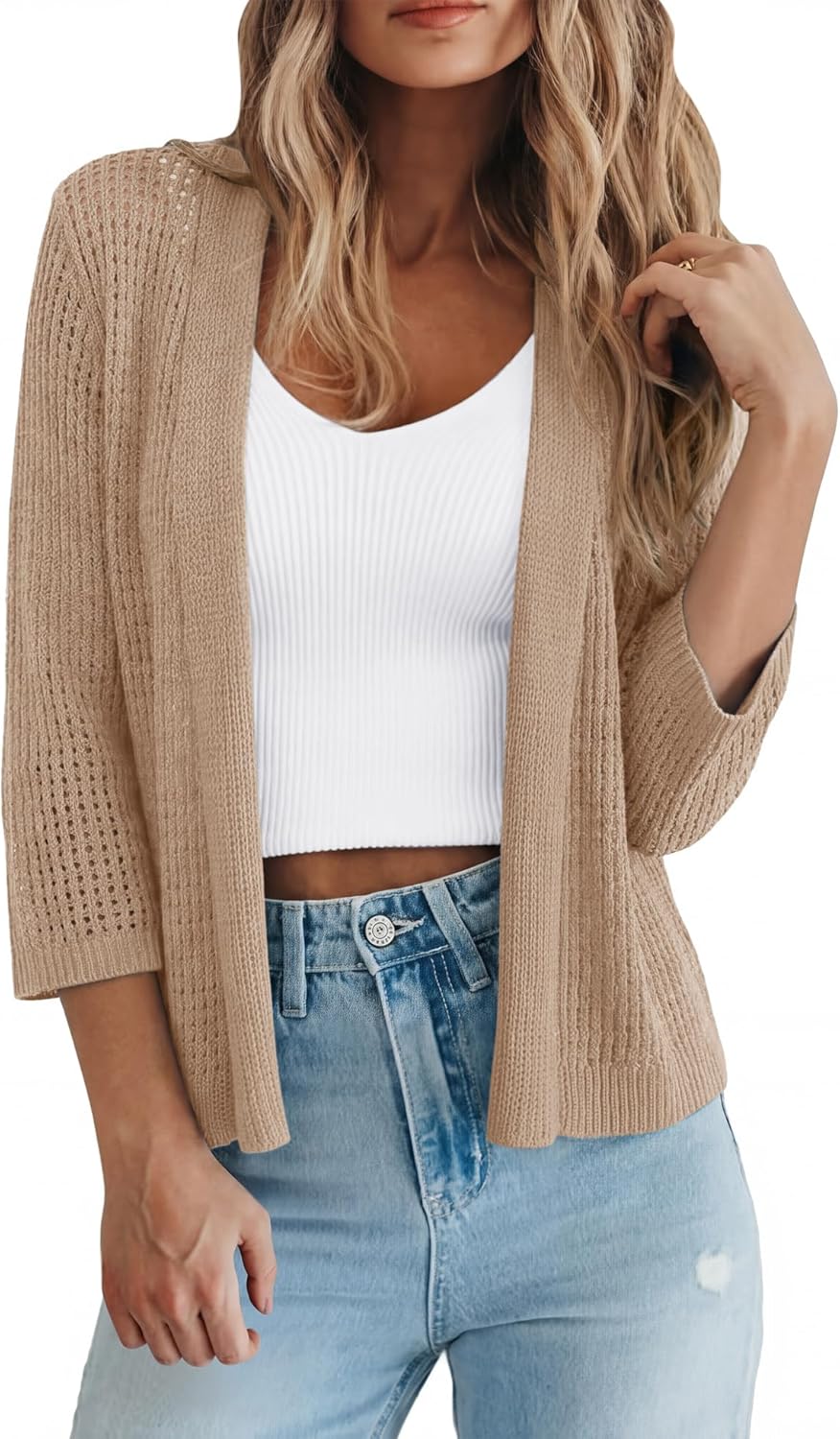 LOMON Shrug Cardigan for Women 3/4 Sleeve Casual Openwork Knit Sweater Tops Spring