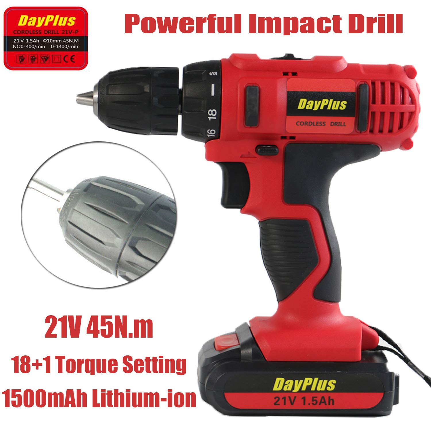 Buy Powerful Compact Drill, Cordless Electric Drill Kit 1500mAh 21V