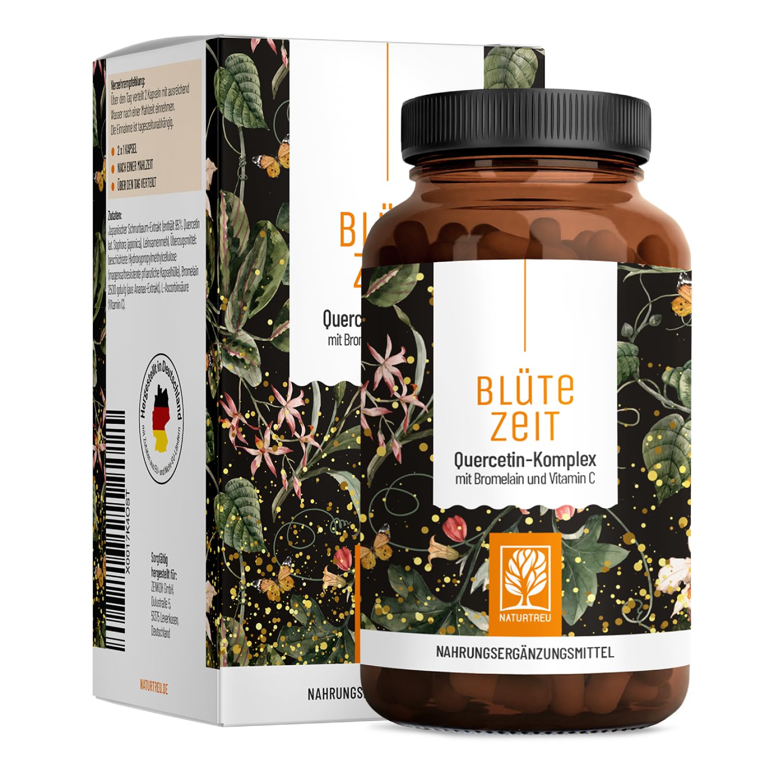 Quercetin Bromelain Komplex 120 Kapseln Vegan - 500mg Quercetin hochdosiert, 100mg Bromelain und 16mg Vitamin C pro Tagesdosis - Blütezeit von Naturtreu