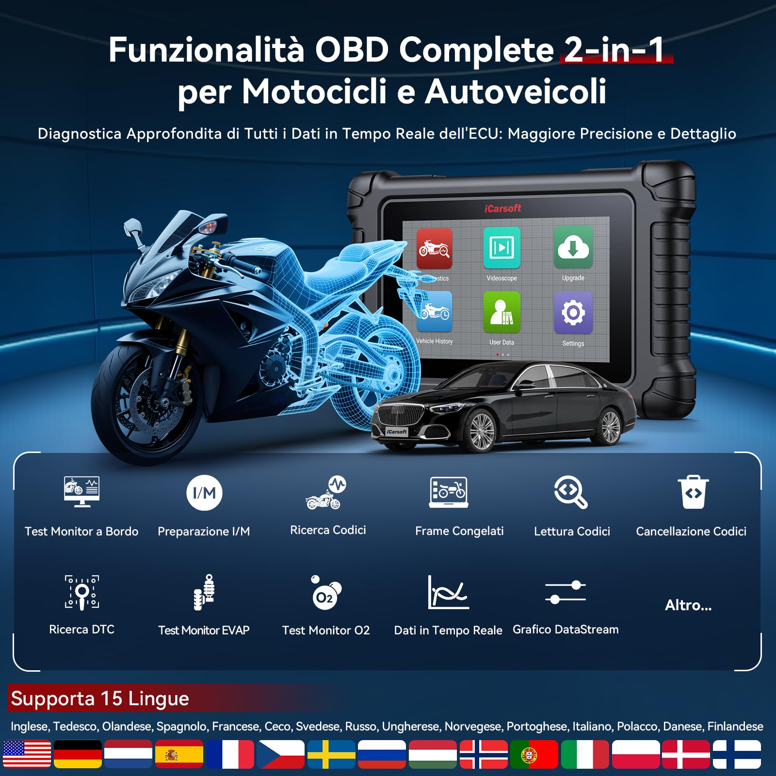 iCarsoft MT PRO Strumento Diagnostico Motociclette per Harley/BMW/Ducati/Honda ecc. Diagnostica Completa Sistemi Motocicletta, Reset Manutenzione + Test Attivi, Lettore Codici Touchscreen +Auto OBD2
