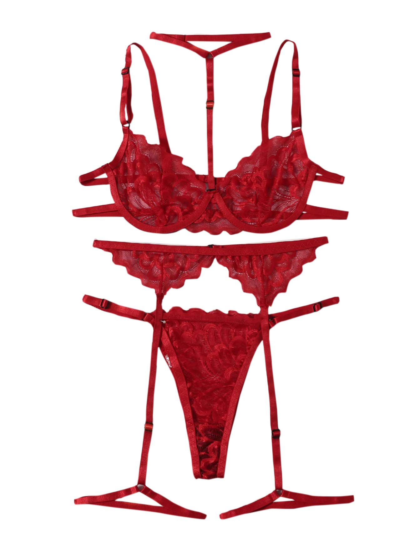 SheIn Women's Floral Lace Embroideried Sheer Garter Lingerie Set with Choker