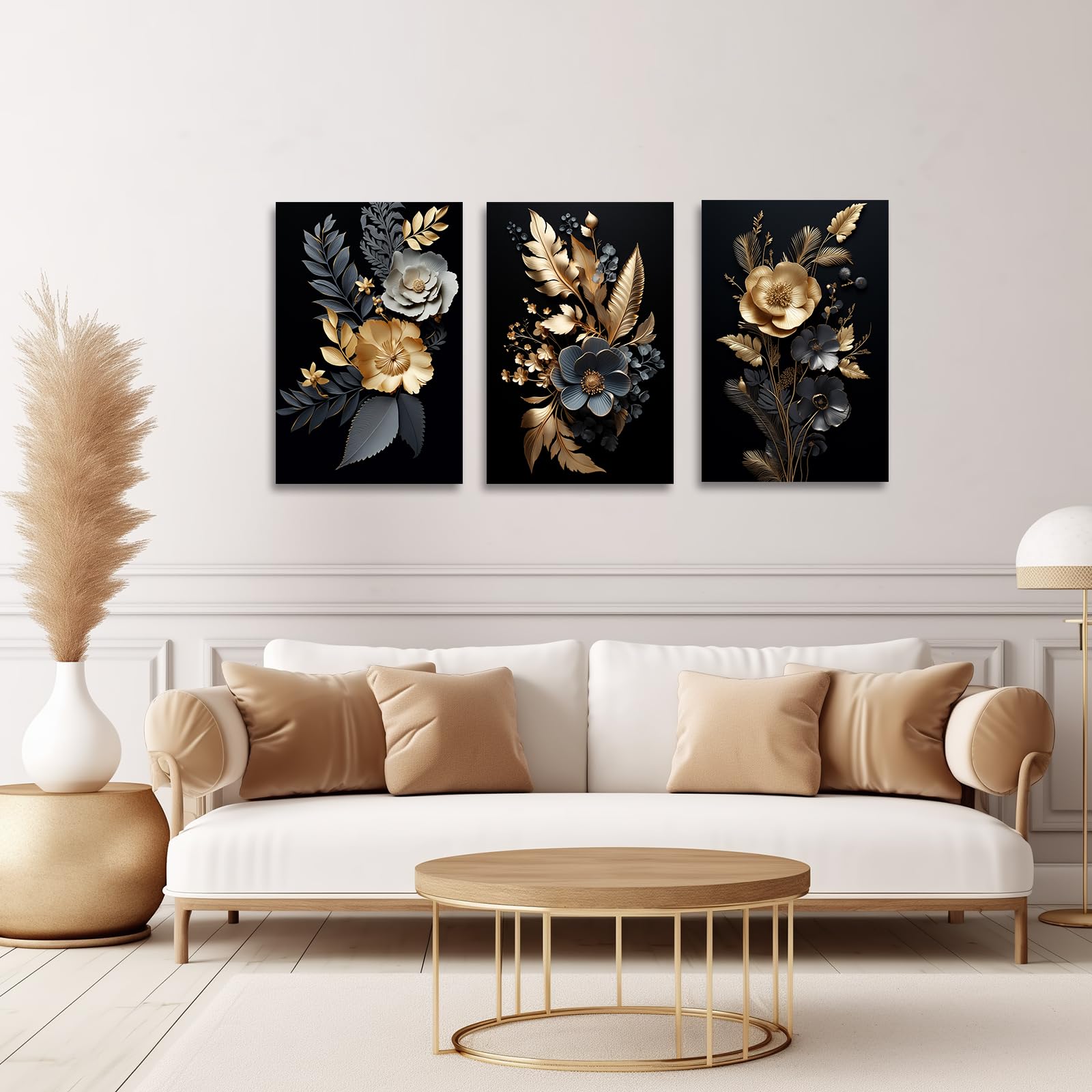 ZXHYWYM Golden Flowers Leave Wall Decor Abstract Black Gold Picture Painting Elegant Floral Canvas Prints Modern Artwork for Living Room Framed (Picture-3 - Image 4