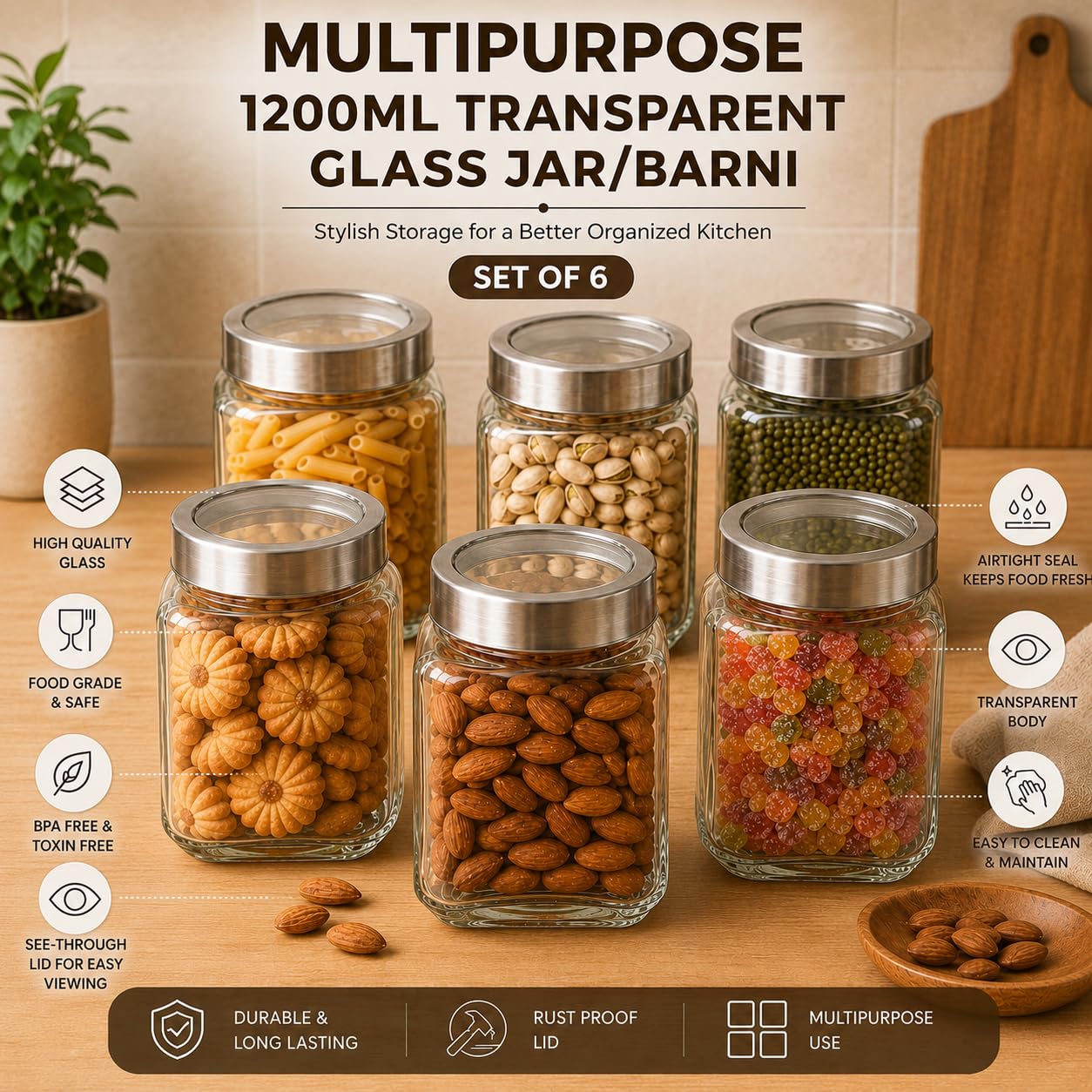 Cutting EDGE Multipurpose 1200ml Transparent Glass Jar/Barni (Set of 6) 3