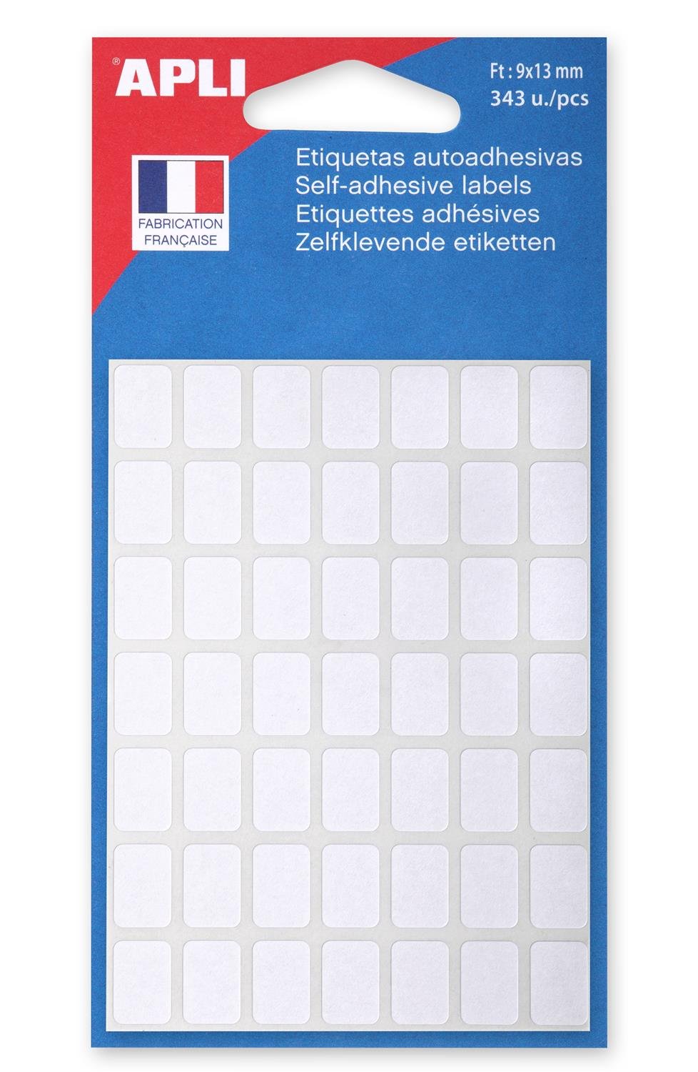 APLI 111908 - étiquettes blanches 13x9 mm - 343 étiquettes adhésif permanent, coins arrondis, idéal écriture manuelle bureau et école