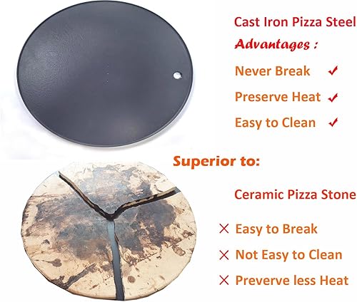 Miniatura 5 de Acero redondo XL para pizza de 16.9 pulgadas Fundido 3D crea magníficas cortezas, piedra de hornear de hierro fundido esmaltado para horno, plancha