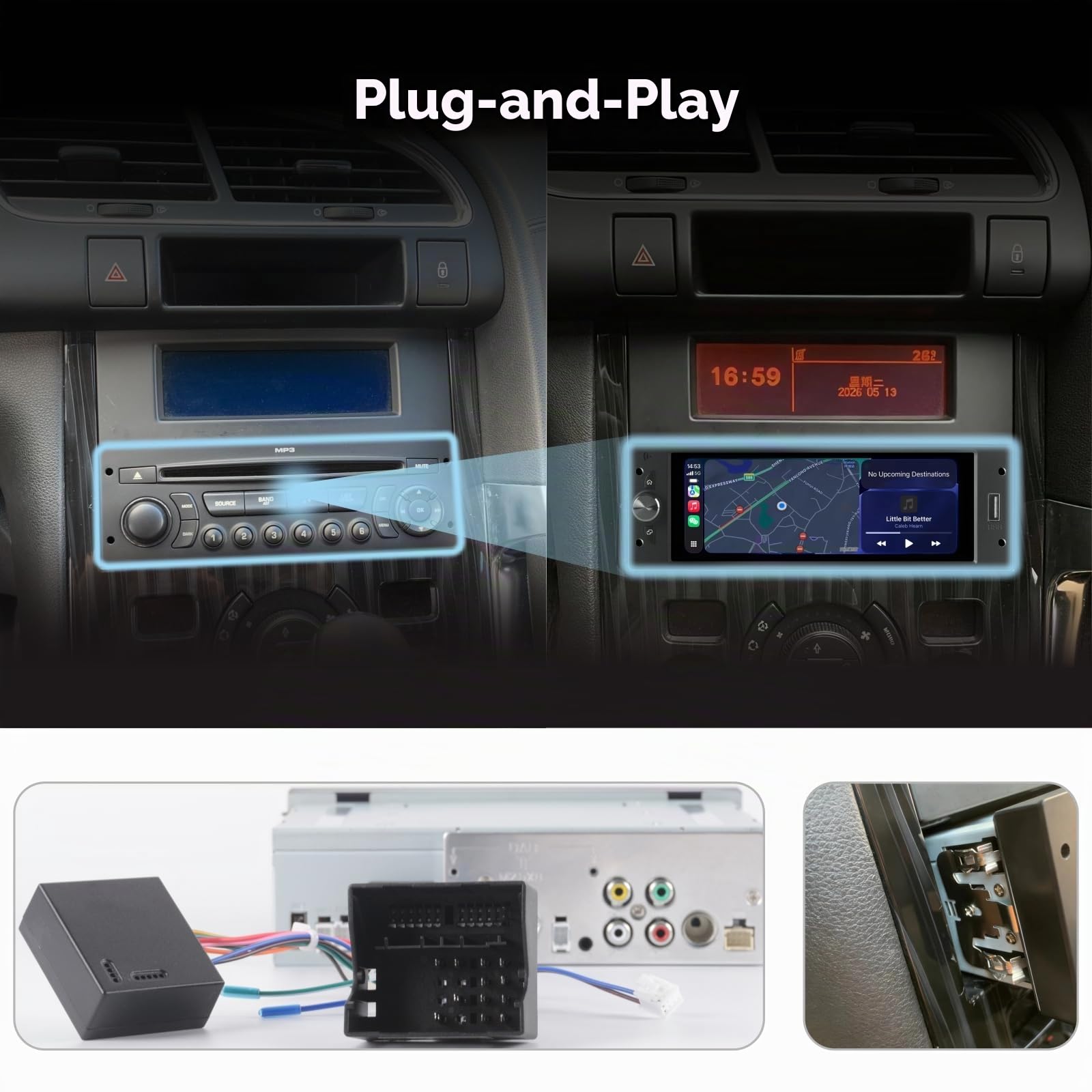 Linux Single DIN Autoradio für Peugeot 206 207 308 3008 Citroën C2 C3 C4 Picasso mit kabellosem CarPlay und Android Auto, Touchscreen, Plug & Play, Bluetooth, FM/AM-Radio