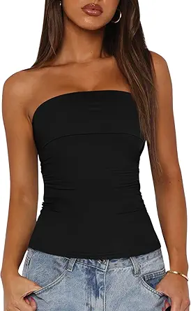 Womens Strapless Tube Tops Spring Summer Clothes 2026 Trendy Casual Ruched Stretchy Going Out Bodycon Bandeau Top