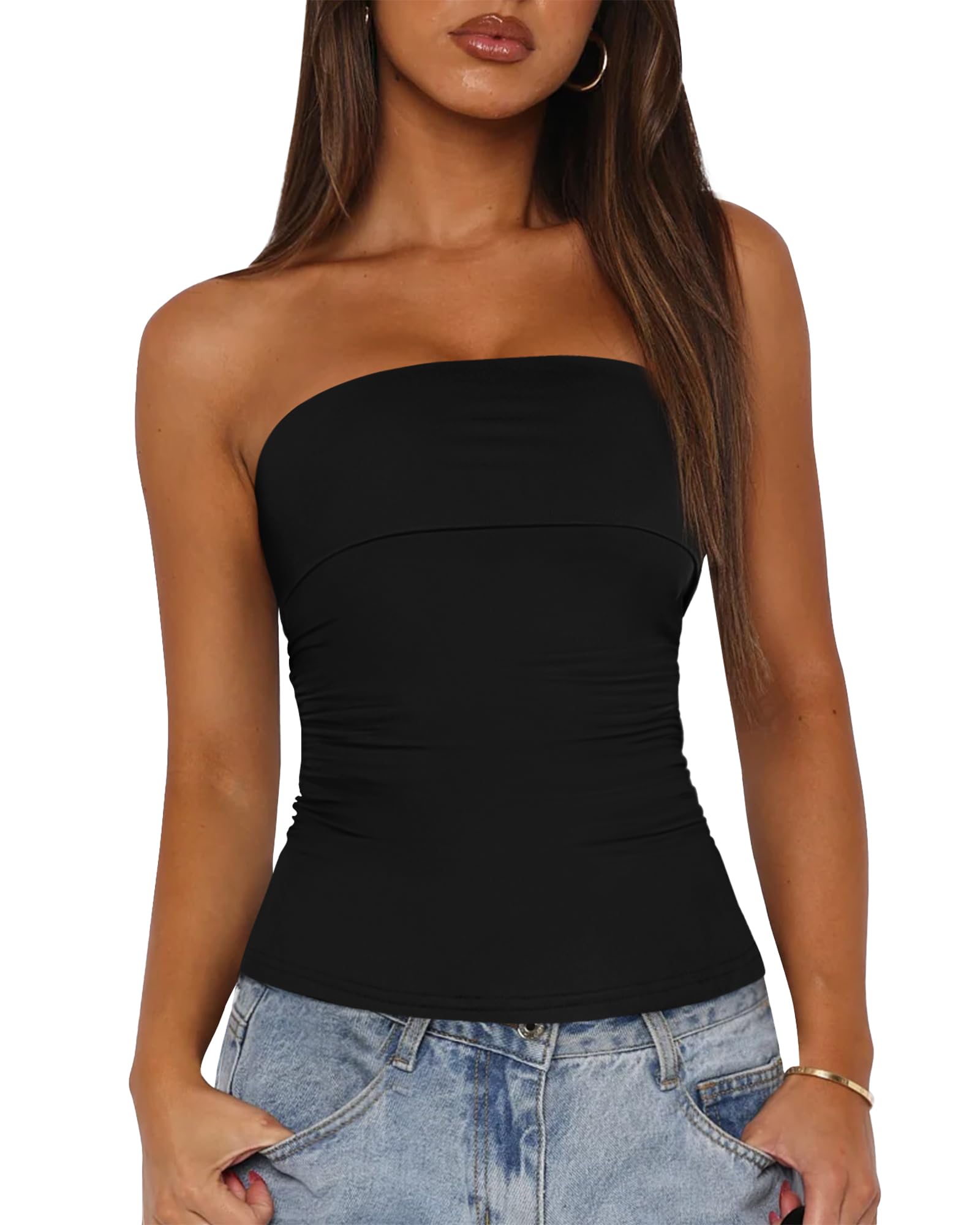 BTFBM Womens Strapless Tube Tops 2026 Summer Trendy Casual Ruched Stretchy Going Out Bodycon Bandeau Top