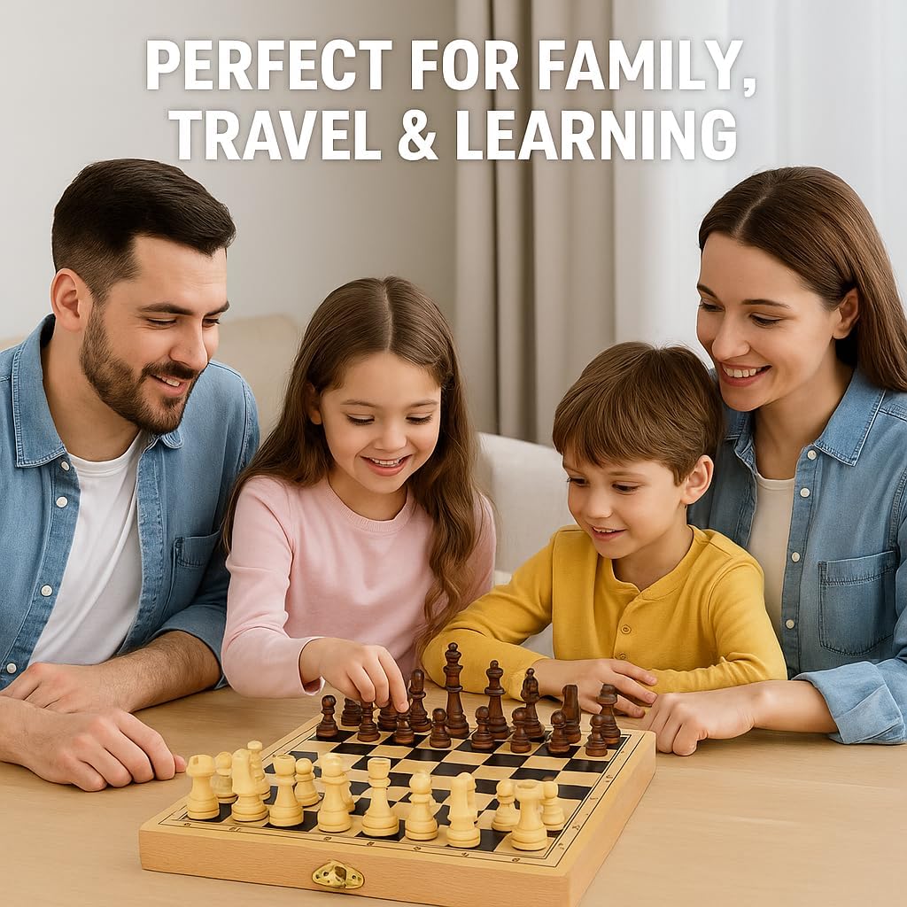3-in-1 Wooden Chess Set, Chess, Checkers & Backgammon, 15'' Chess Board with Storage- Pieces Handmade, Folding Portable Travel Chess Set Game for Beginner Tournament Professional