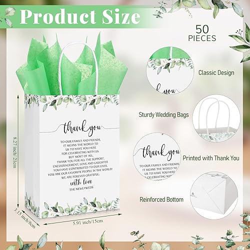 Miniatura 2 de Qilery Juego de 50 bolsas de regalo de boda con papel de seda, bolsas de bienvenida de boda, bolsas de papel de agradecimiento con asas para