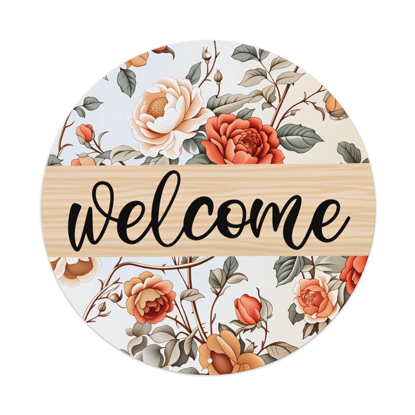 Floral Pattern With Roses And Leaves Round Vintage Tin Sign,Retro Wall Art,Metal Poster for Home, Bar, Garage, Cafe, Rustic Indoor & Outdoor Decor, 8x8 Inches