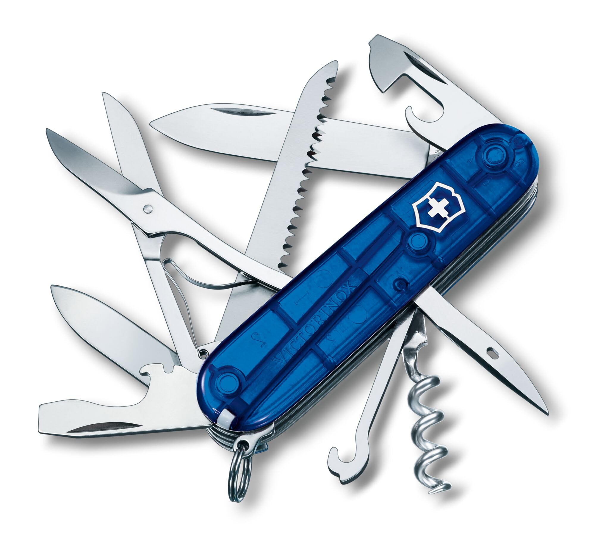 Victorinox Huntsman Swiss Army Knife, Medium, Multi Tool, Camping Knife, 15 Functions, Large Blade, Bottle Opener, Blue Transparent