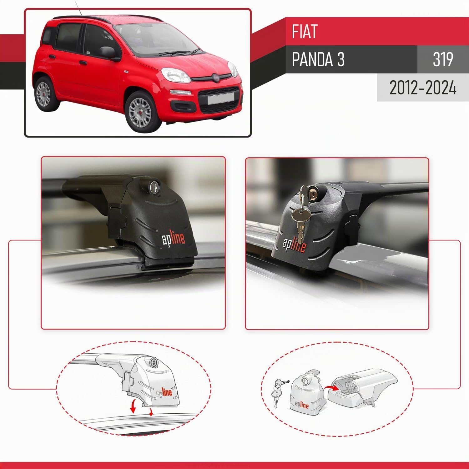 Compatibile con Fiat Panda 3 (319) 2012-2024 Modello ACE-2 Barre Tetto Portapacchi Auto Barre Portatutto Nero Alluminio 2 Barre