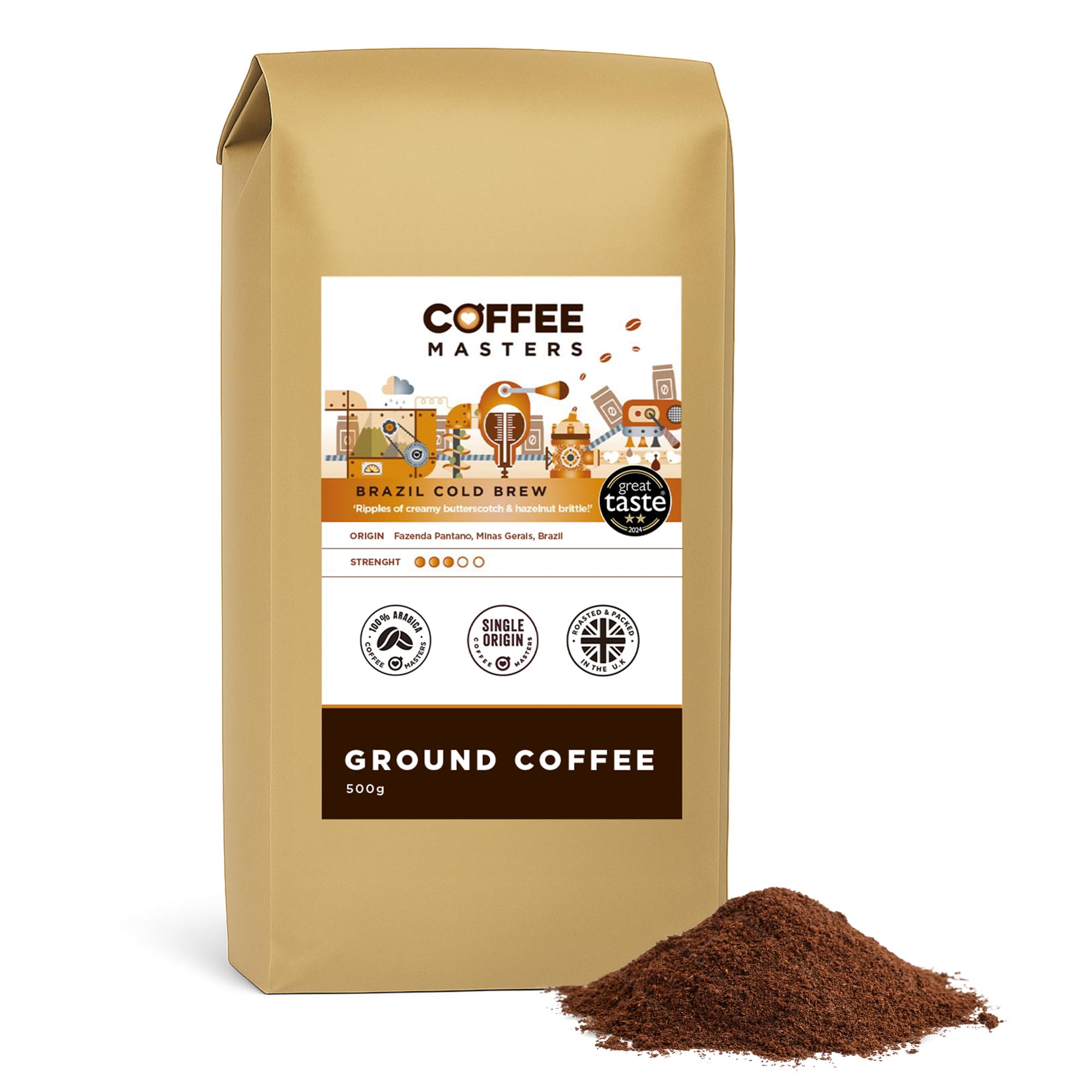 Brazil Yellow Bourbon Cold Brew Ground Coffee - 500g Medium Roasted Espresso Bean, Ideal for Cold Brewing, Single Origin, 100% Arabica - Great Taste Award Winner 2024