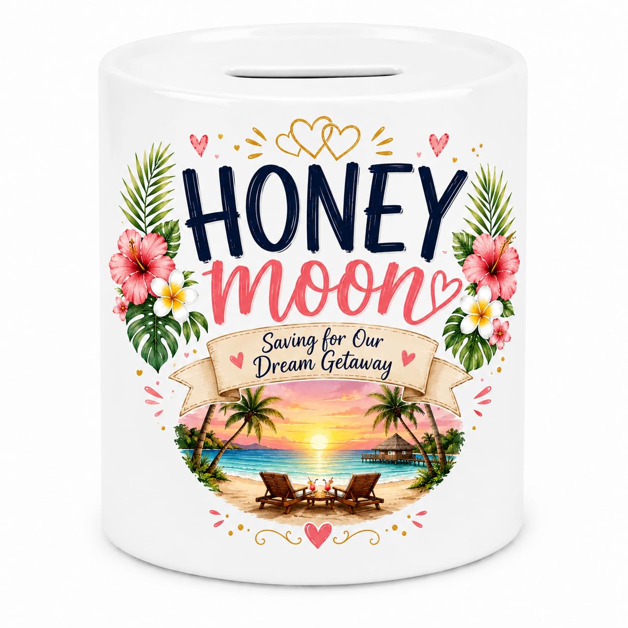 Honeymoon Fund Money Box – Honeymoon Savings Ceramic Piggy Bank – Saving for Our Dream Getaway – Wedding Gift for Couples – Tropical Travel Fund Coin Bank