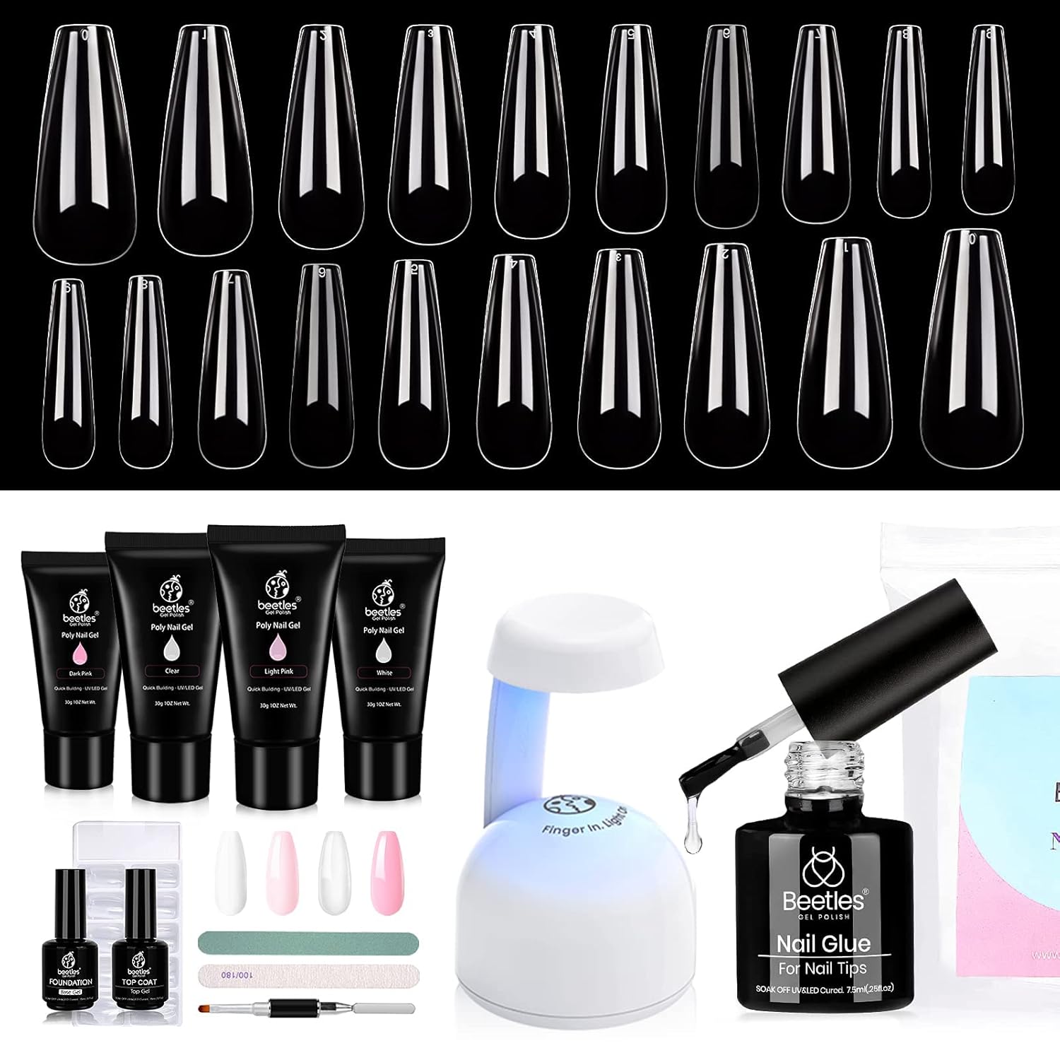 Beetles Poly Nail Extension Gel Kit Clear White Pink 1OZ with Nail Tips and Glue Gel UV LED Lamp Kit, 2 In 1 Nail Glue and Base Gel with 500Pcs Coffin Nails and LED Lamp DIY Nail Art Acrylic Nail Kit