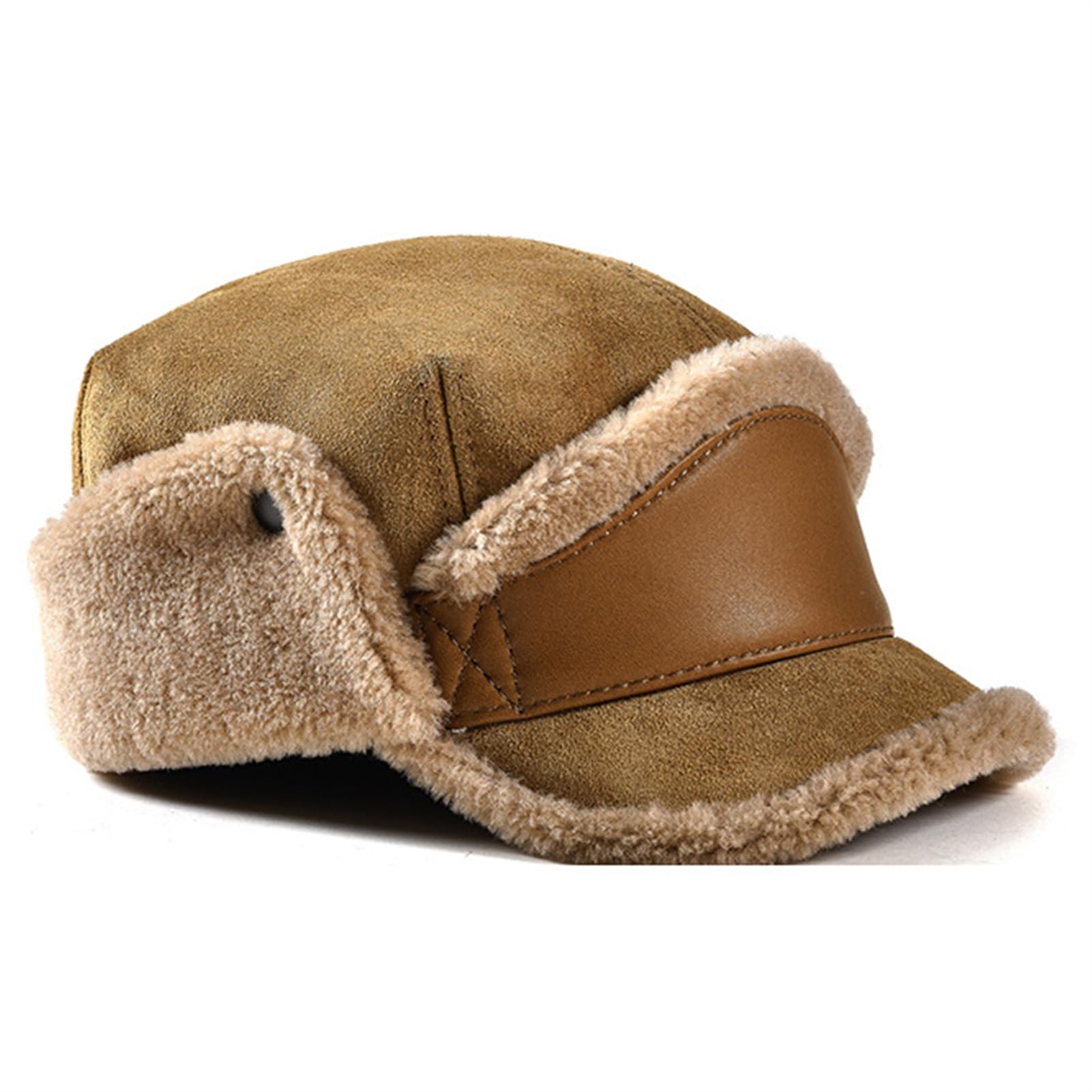 Reyox Men's Winter Hat with Visor, Warm Earflaps Trapper Hat, Sheepskin Baseball Cap Khaki XX-Large