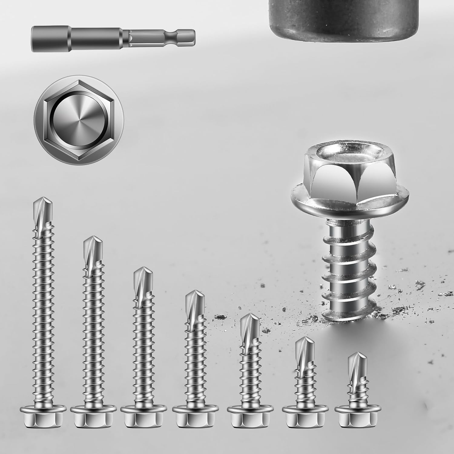 #8 x 1/2" Sheet Metal Screws 100PCS 410 Stainless Steel Hex Washer Head Fast Self Tapping Screws