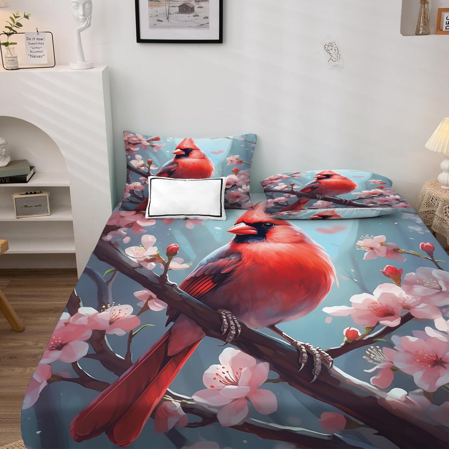 Cardinal Sheets Full Size Sheet Sets - Red Bird and Cherry Blossom Bed Sheets, Soft Microfiber & Deep Pocket & Wrinkle Free Bedding Sheets & Pillowcases, 1 Fitted Sheet, 1 Flat Sheet, 2 Pillow Cases