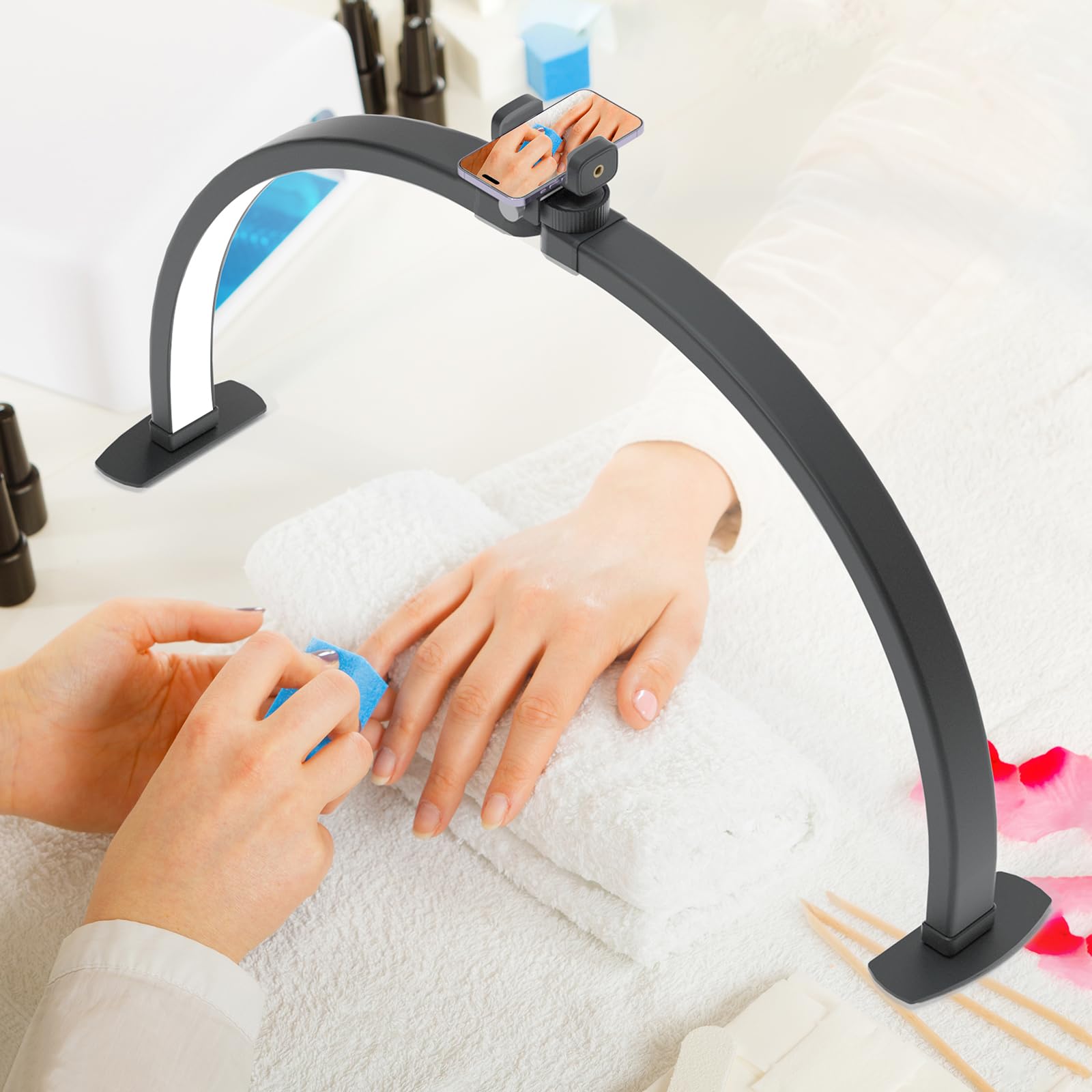 TopDirect Lampara Media Luna, 29" 42W LáMpara De Escritorio De UñAs con Soporte para Teléfono Móvil, LED Professional Nail Light Lash Light, Luz de Pestañas para SPA Facial Manicura (Negro,73cm)