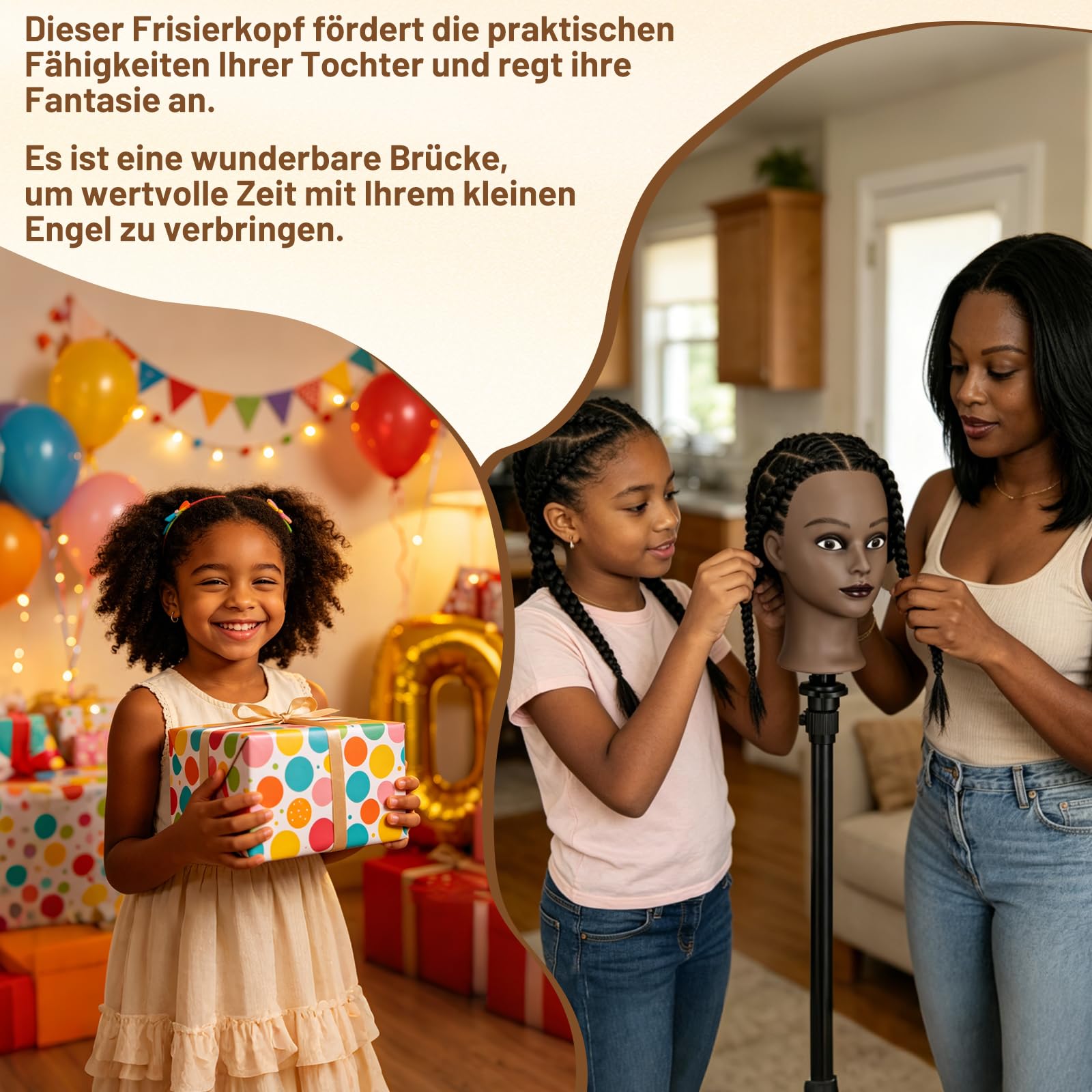 TwoWin 16 Zoll /40 cm Afro Trainingsköpfe für Friseure, Frisierkopf mit 100% Echthaar, Übungskopf Afrikanischer Friseurkopf Puppenkopf mit Tischhalter + Haar Styling Braid Set (Schwarz)