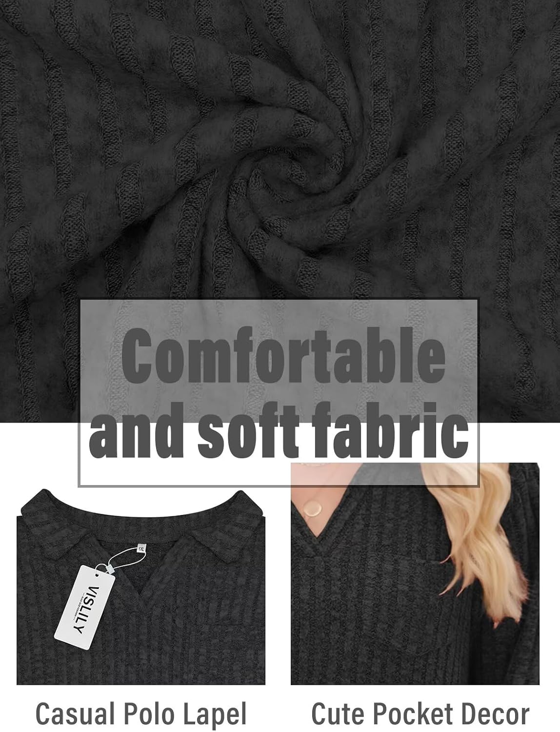 VISLILY Womens-Plus-Size-Tops Collared V Neck Polo Shirts Lightweight Long Sleeve Sweaters Trendy Pocket Decor Tunic Blouses - Image 4