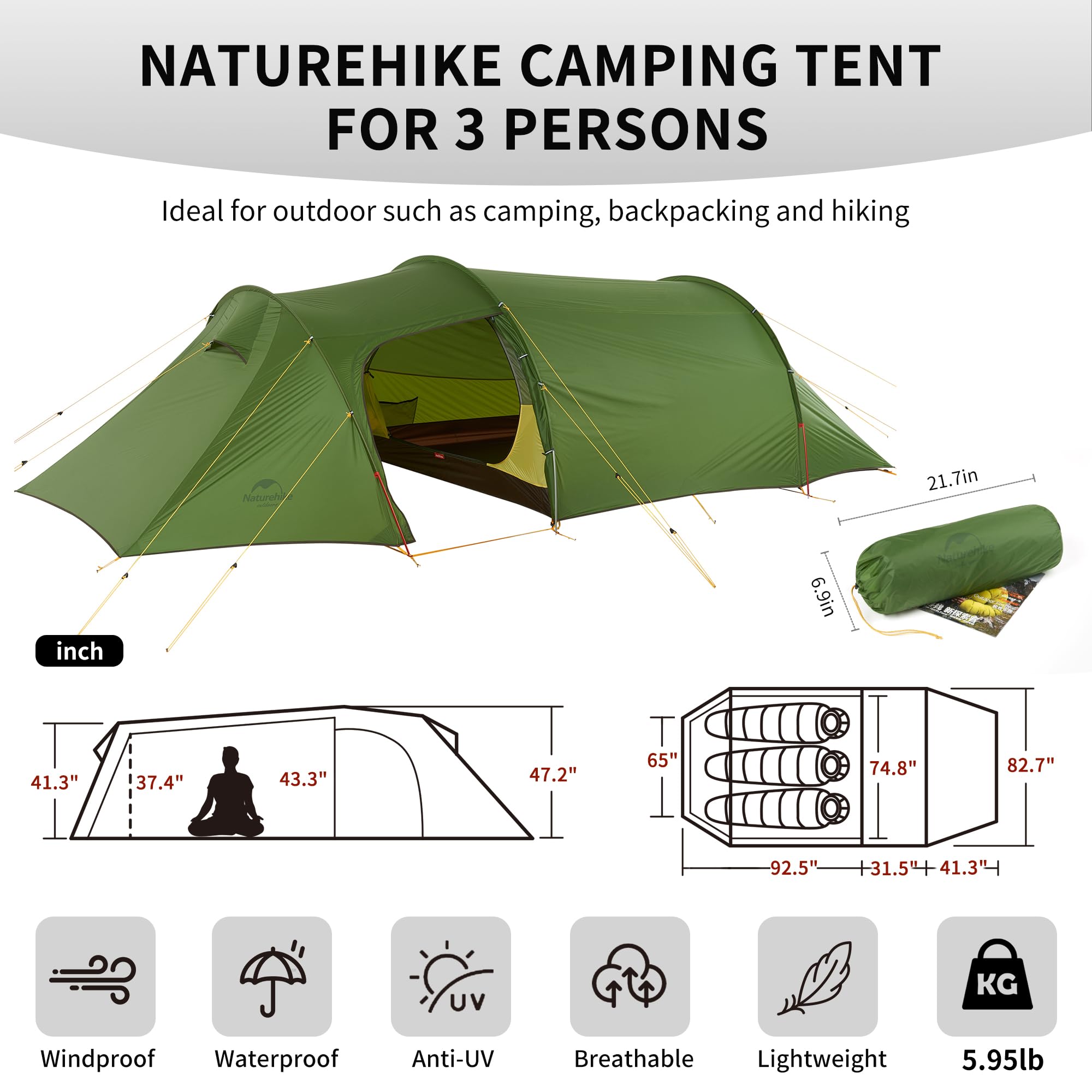 Naturehike Tenda a tunnel per 2/3 persone per 3-4 stagioni, leggera e impermeabile e antivento, tenda da campeggio con veranda, tenda da trekking per ciclismo, escursionismo, alpinismo, attività